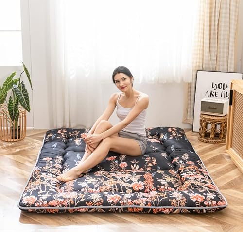 Black Floral Japanese Futon Floor Mattress, Bed Mattress Topper Portable Thick Sleeping Pad Floor Bed Roll Up Camping Mattress Folding Couch Bed Mattress Pad for Guest Room, Twin Size