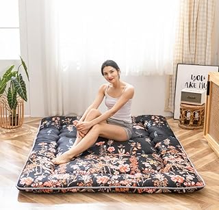 Black Floral Japanese Futon Floor Mattress, Bed Mattress Topper Portable Thick Sleeping Pad Floor Bed Roll Up Camping Mattress Folding Couch Bed Mattress Pad for Guest Room, Full Size