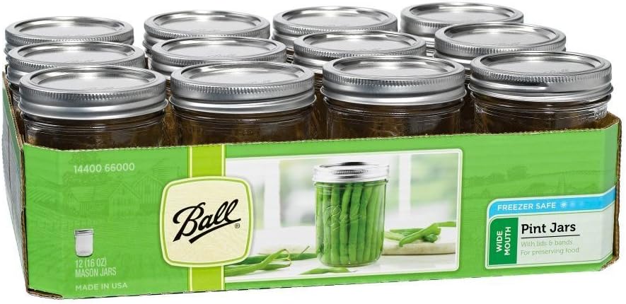 Wide Mouth Pint 16-Ounce Glass Mason Jar with Lids and Bands, 12-Count