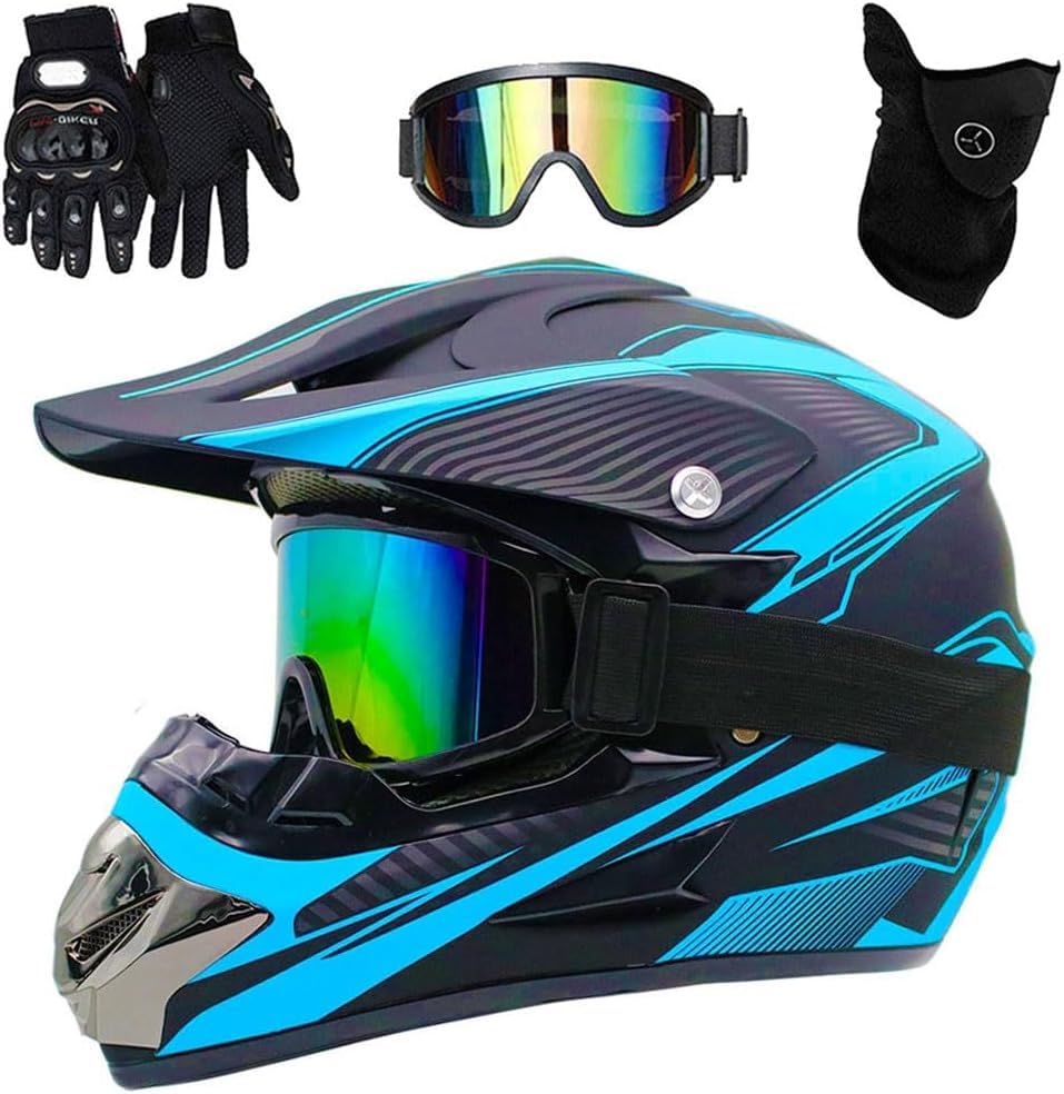 Cascos De Motocross para Niños, Adultos Y Jóvenes, Casco Dot Todoterreno para Motocross, ATV, BMX, MX, Descenso, Quad, Todoterreno, Casco Integral para Motocicleta, Blue Lines, L(56-57cm)