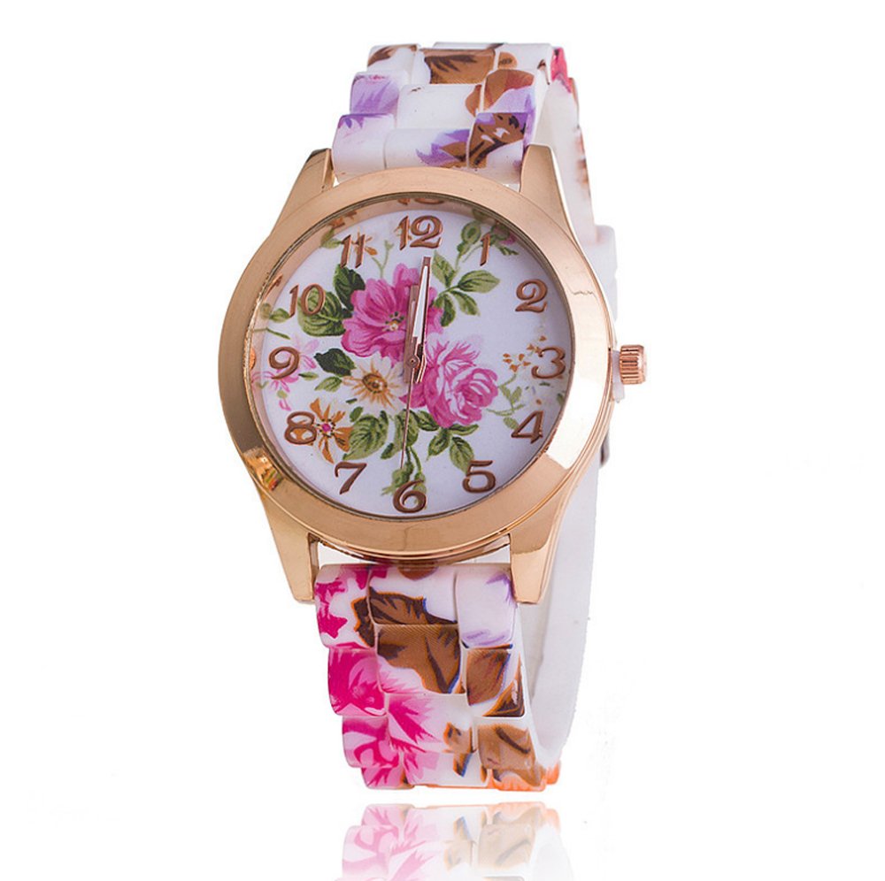 Relojes analógicos de silicona con esfera floral para mujer, números en tono oro rosa (paquete de 5), Rosado, Moderno 4