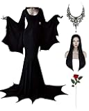 Halloween Morticia Addams Costumes Vintage Gothic Black Long Dress Outfit Women Wig Red Roses Flowers Necklace