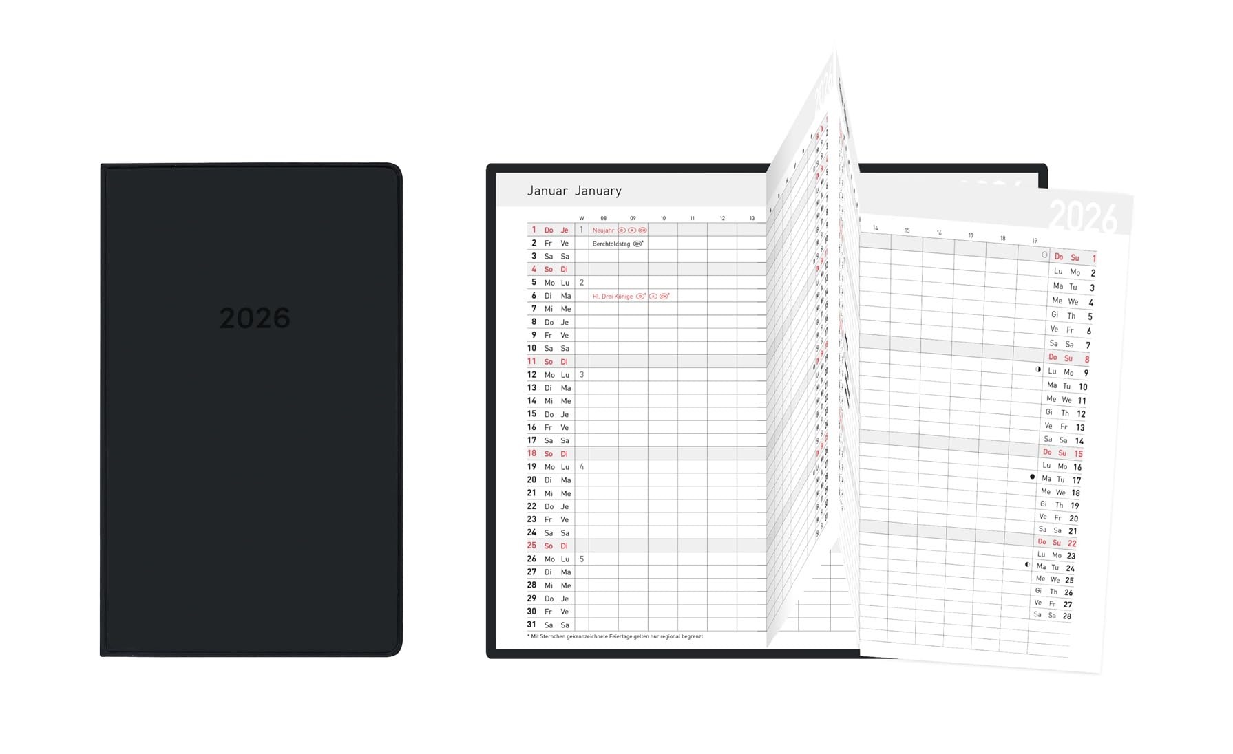 Idena 12050 Pocket Diary 2026, Leporello Calendar in Format 8.7 x 15.3 cm, 1 Month on 2 Pages, Appointment Calendar with Flexible Cover in Black and Address Book