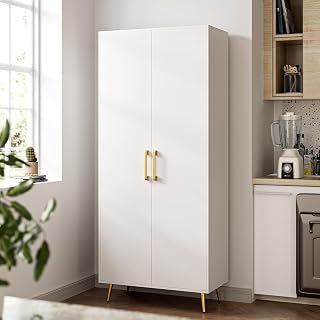 White Storage Cabinet - 69” Tall Storage Cabinet with 2 Doors and Adjustable Shelves, Freestanding Kitchen Pantry with Gold Handles and Legs, Wooden Storage Cabinet for Kitchen