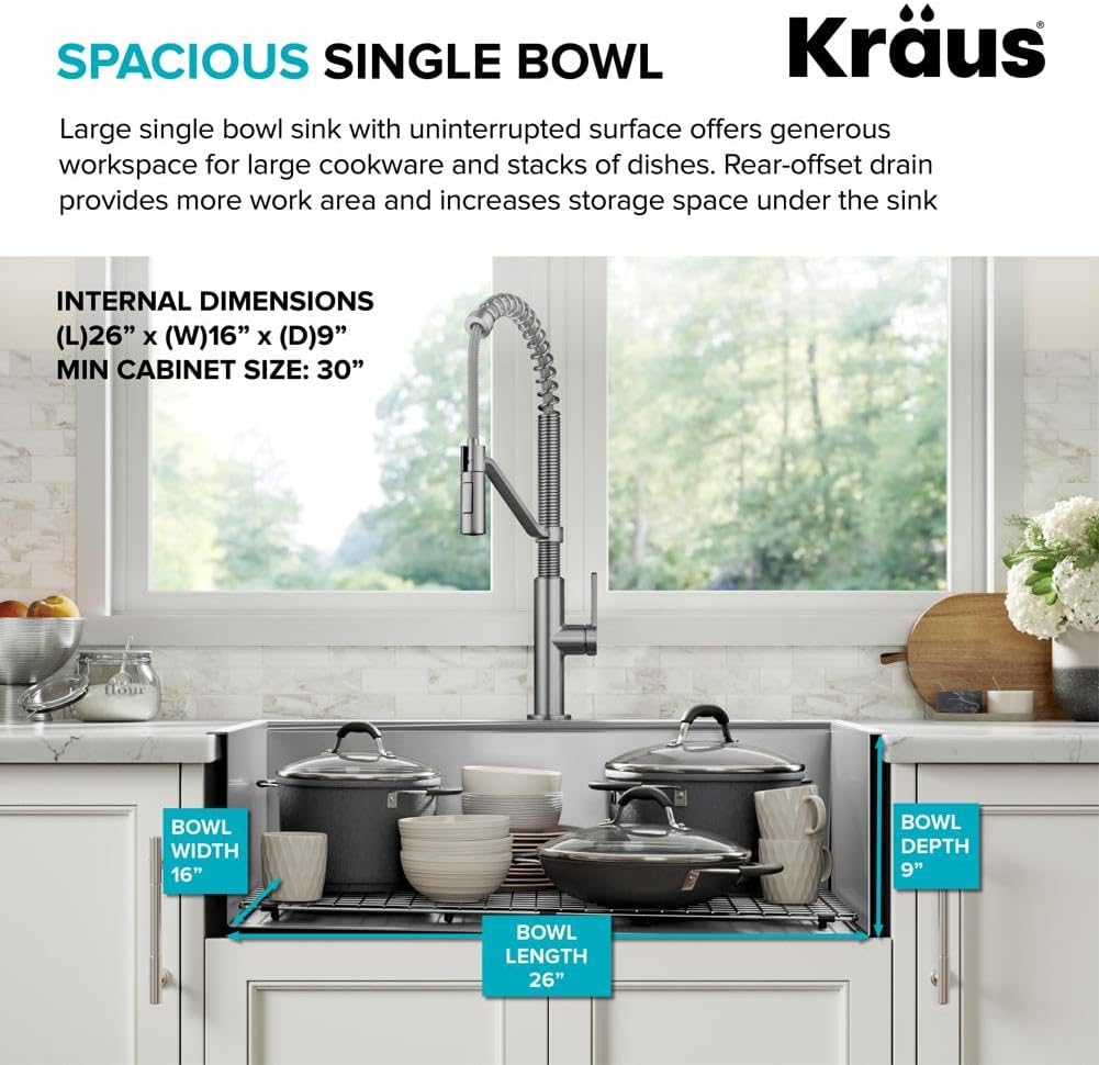 KRAUS Kore 28-Inch Drop In/Top Mount Workstation 16 Gauge Single Bowl Stainless Steel Kitchen Sink with Accessories, KWT310-28