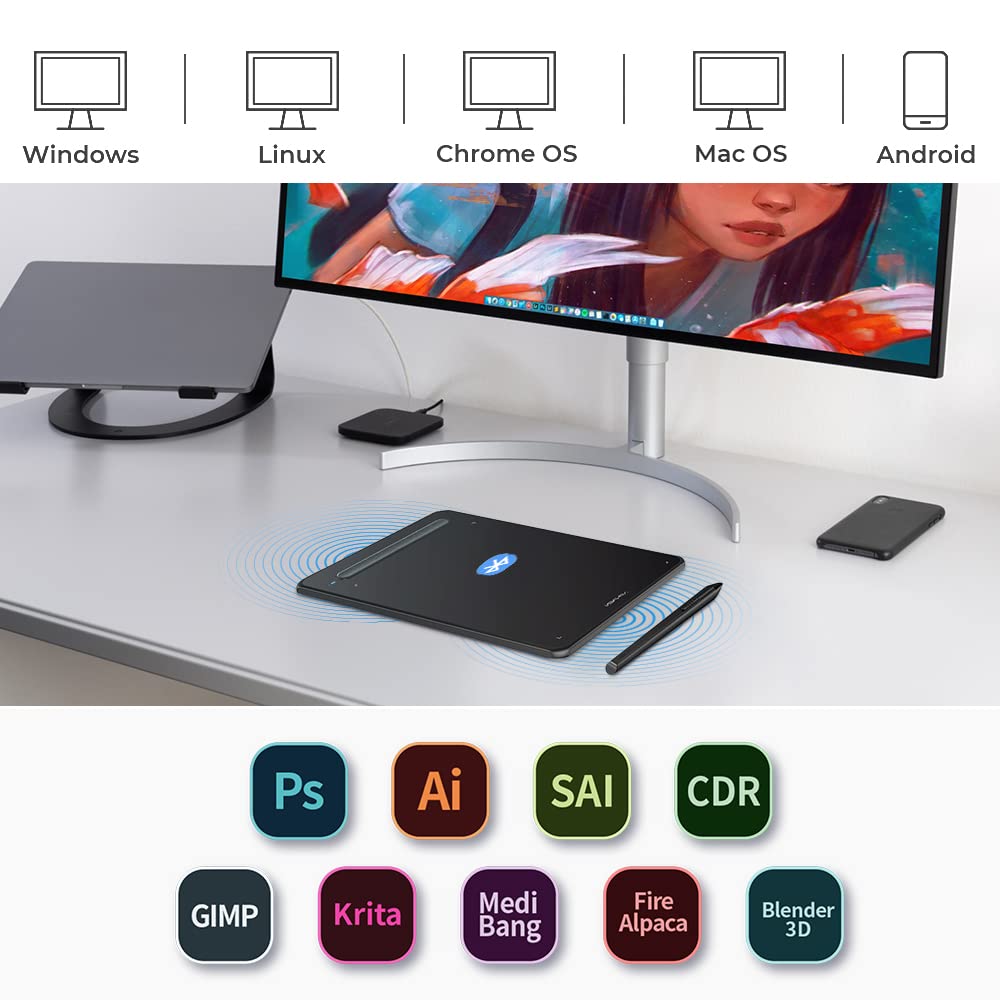 XPPen Deco MW Tableta Gráfica Dibujo Digital Inalámbrica con Bluetooth 5.0 | 8x5 Pulgadas, Tableta Digitalizadora Portátil Compatible con Mac, Windows, Chromebook, Android, iOS, Negro