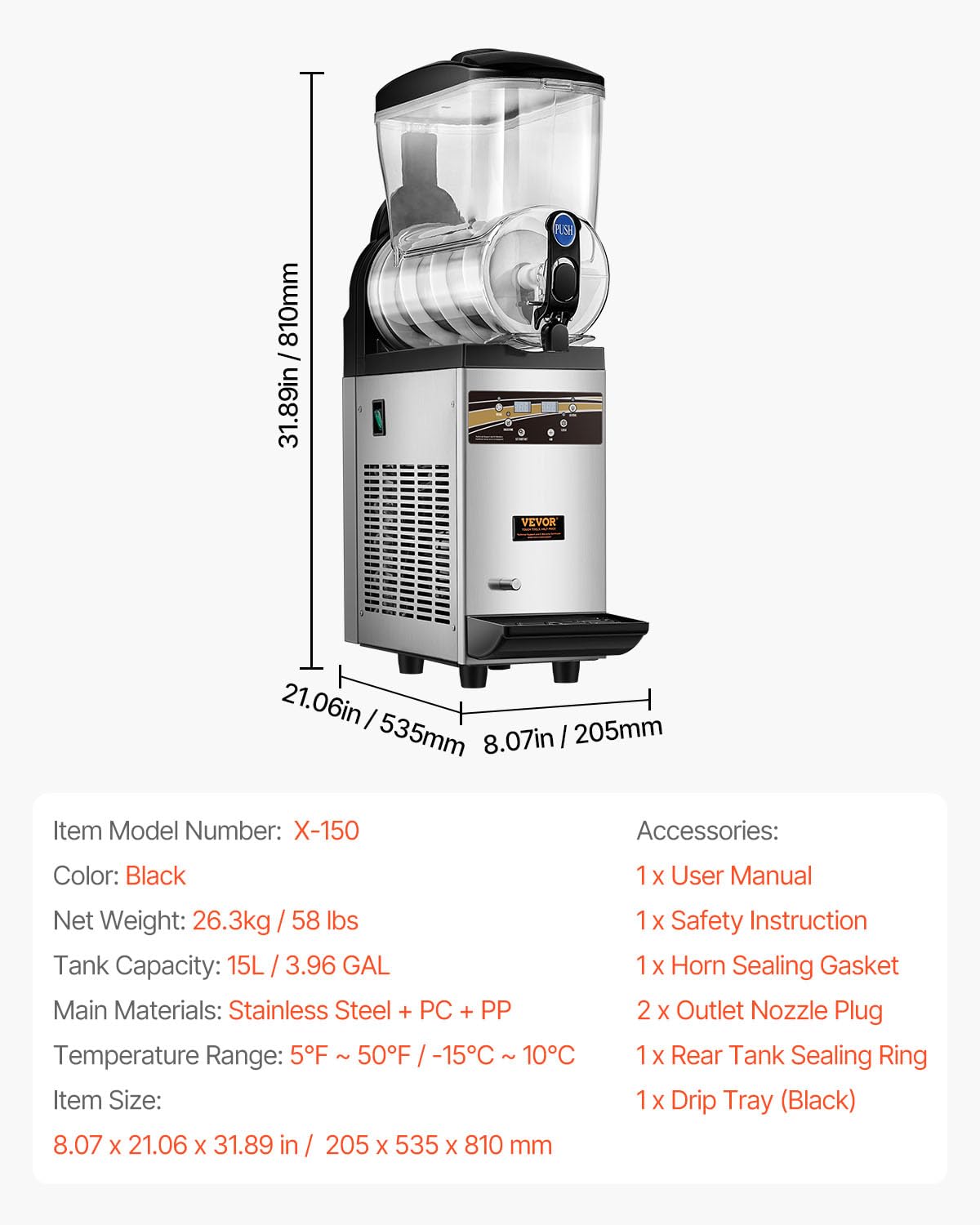 VEVOR - Máquina comercial de margarita, máquina comercial de granizado de un solo tanque de 15 l, 60 tazas de acero inoxidable para batidos de margarita, máquina de bebidas congeladas, máquina de