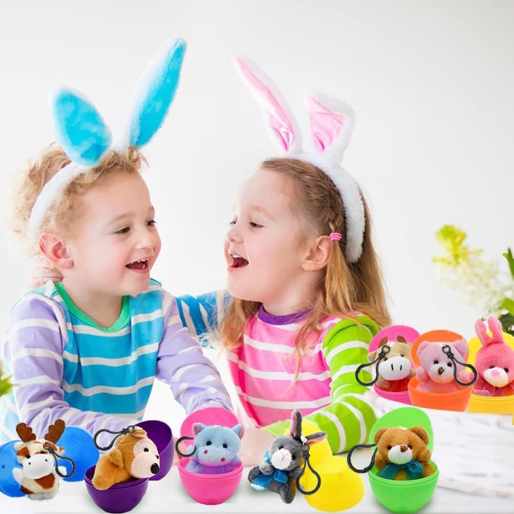 CAMIRUS 12Packs Filled Easter Eggs with Mini Plush Animal Toys, Cute Stuffed Animals Keychains Filled Surprise Plastic Eggs for Kids Easter Basket Stuffers, Hunt, Easter Party Favors Supplies
