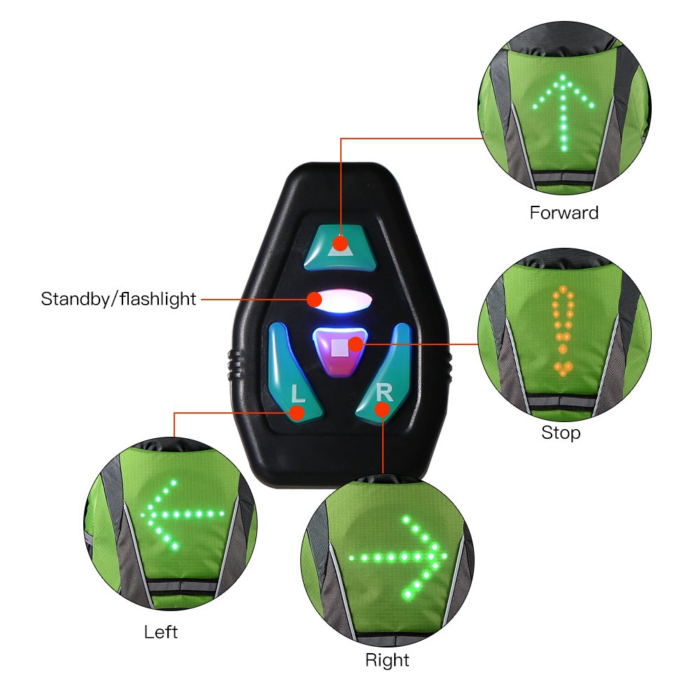 Lixada Sac À Dos Réfléchissant Léger 18L USB Rechargeable Indicateur de Direction du Signal Lumineux sans Fil à Del pour Cyclisme Courir Marche Jogging (Vert noir)