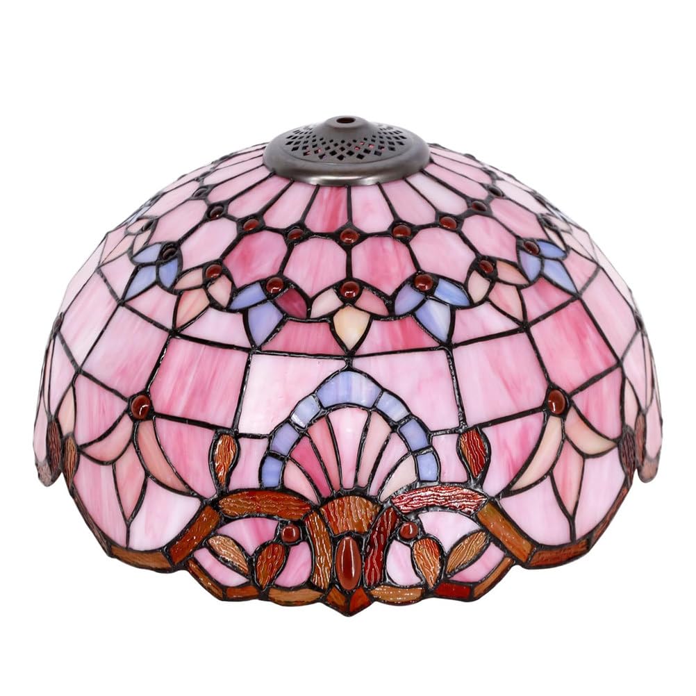 SaryEdge 16-Inch Baroque Glass Shade Replacement, Only Tiffany Style Stained Glass Lampshades, Retro Pastoral Mahogany Elegant Lantern Shade for Table Lamp Floor Lamp Hanging Lamp,Silv，Pink
