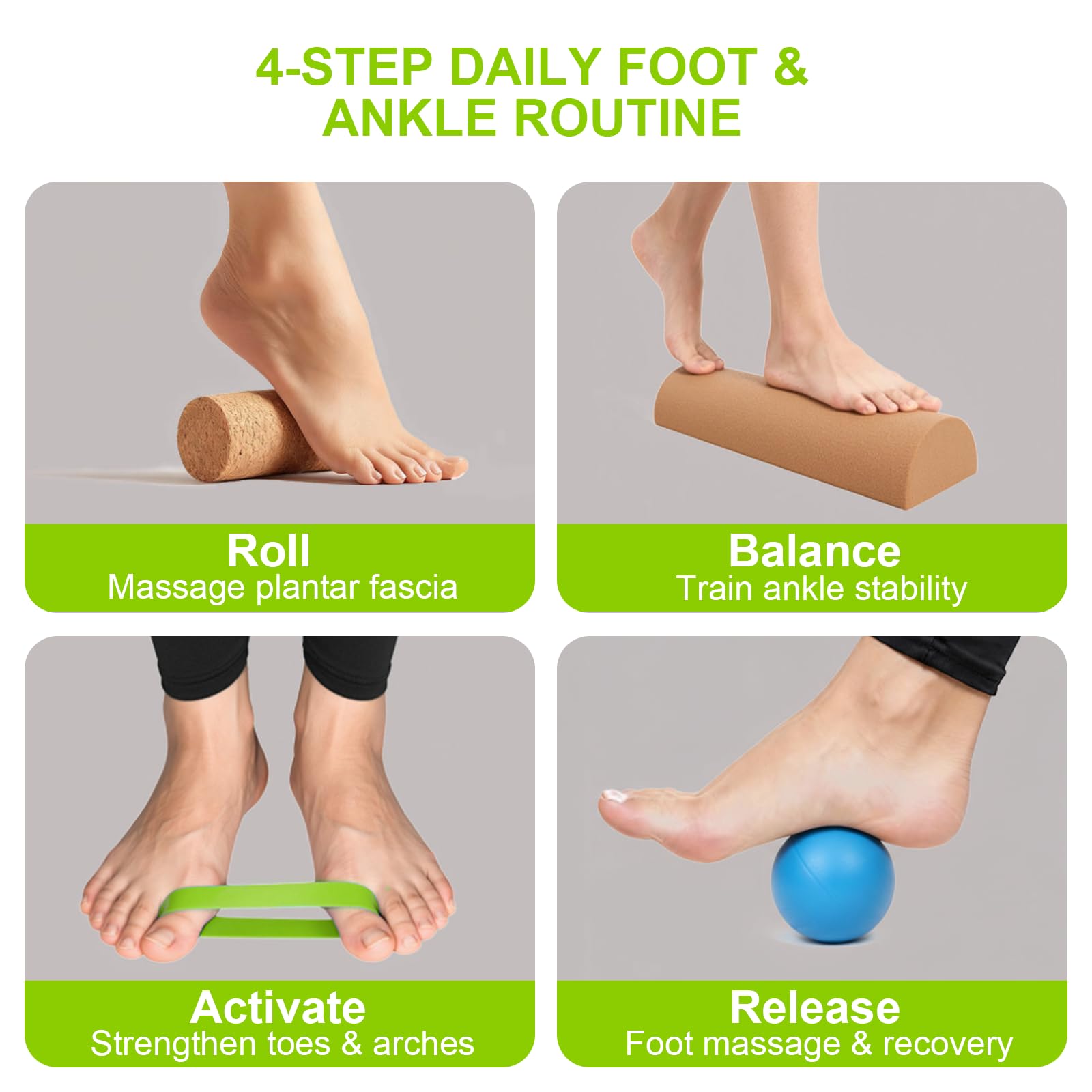 4 in 1 Kork Balance Board Set - Fußstärker & Knöchelstabilitätstrainer mit Roller, Massageball & Zehenbänder - Sturzprävention Kompaktes Wackelbrett für Heimphysio, Büro & Senioren