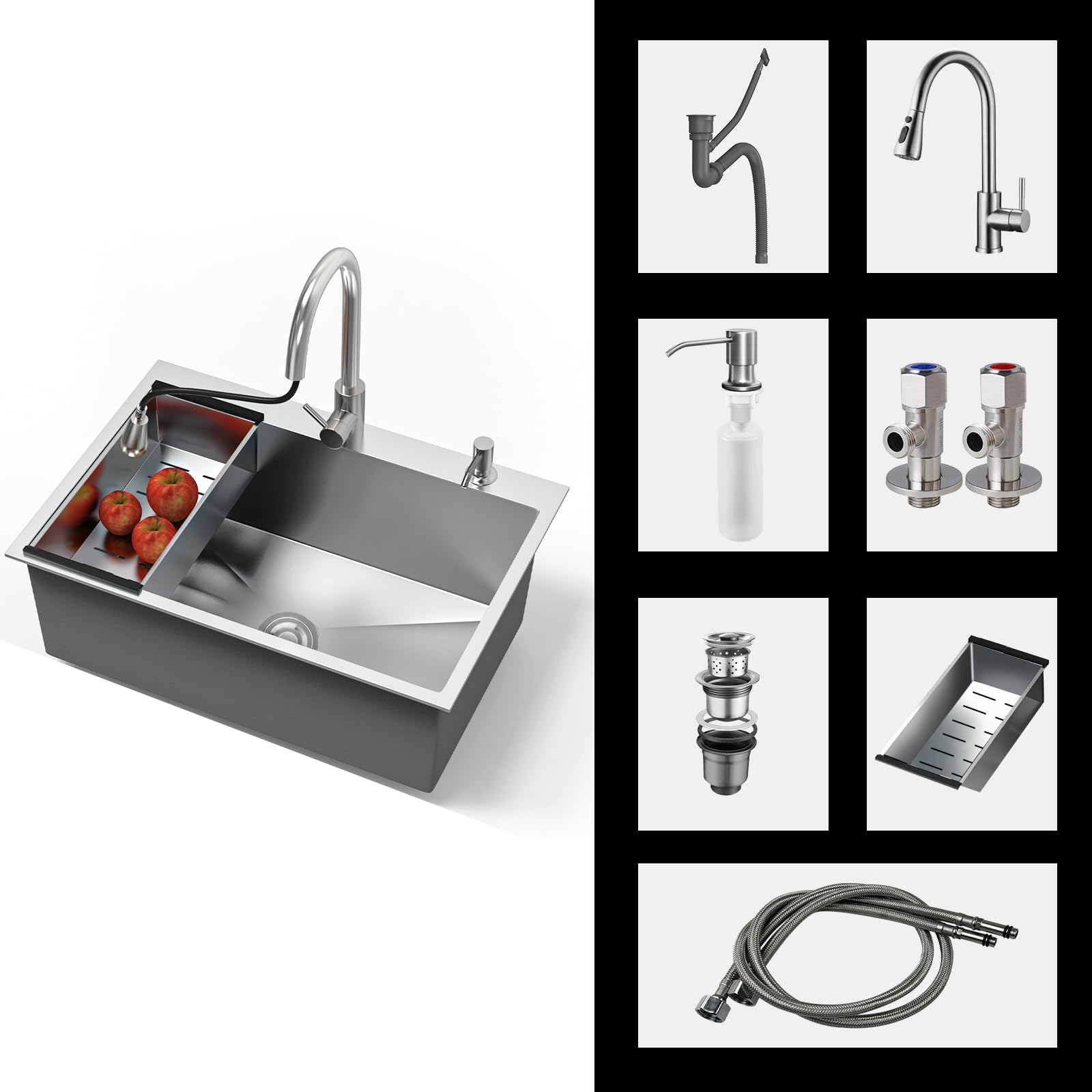 Fregadero Cocina 1 Seno 80 x 50 cm Fregadero Bajo Encimera o Sobre Encimera Con Grifo Fregadero de Acero Inoxidable con Juego de Desagüe