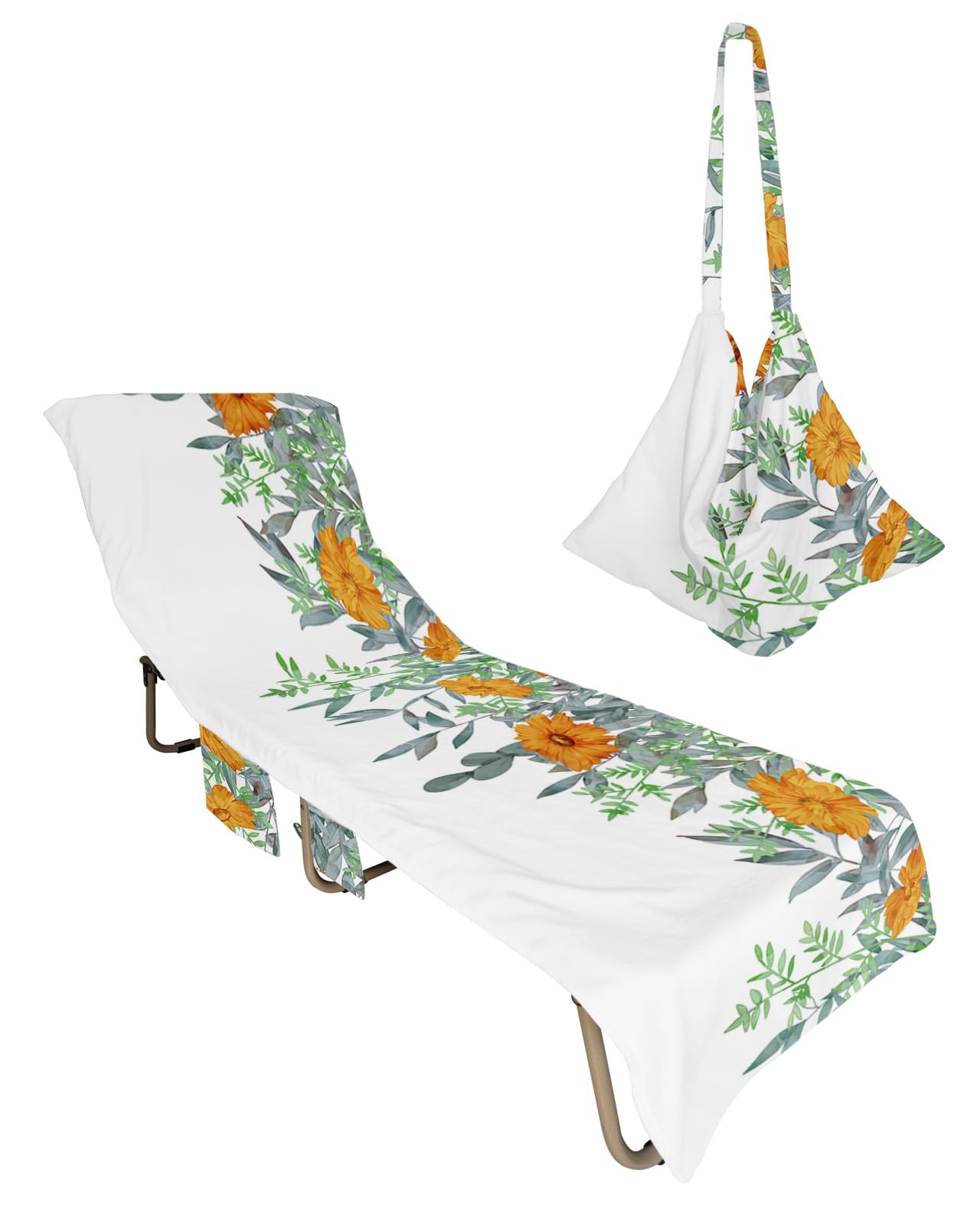 Orange Spring Floral Beach Lounge Chair Towel Cover, Soft Chaise Lounge Towel with Side Pockets Patio Pool Chairs Cover for Beach/Pool Sunbathing 29x85 Teal Green Summer Pastoral Botanical