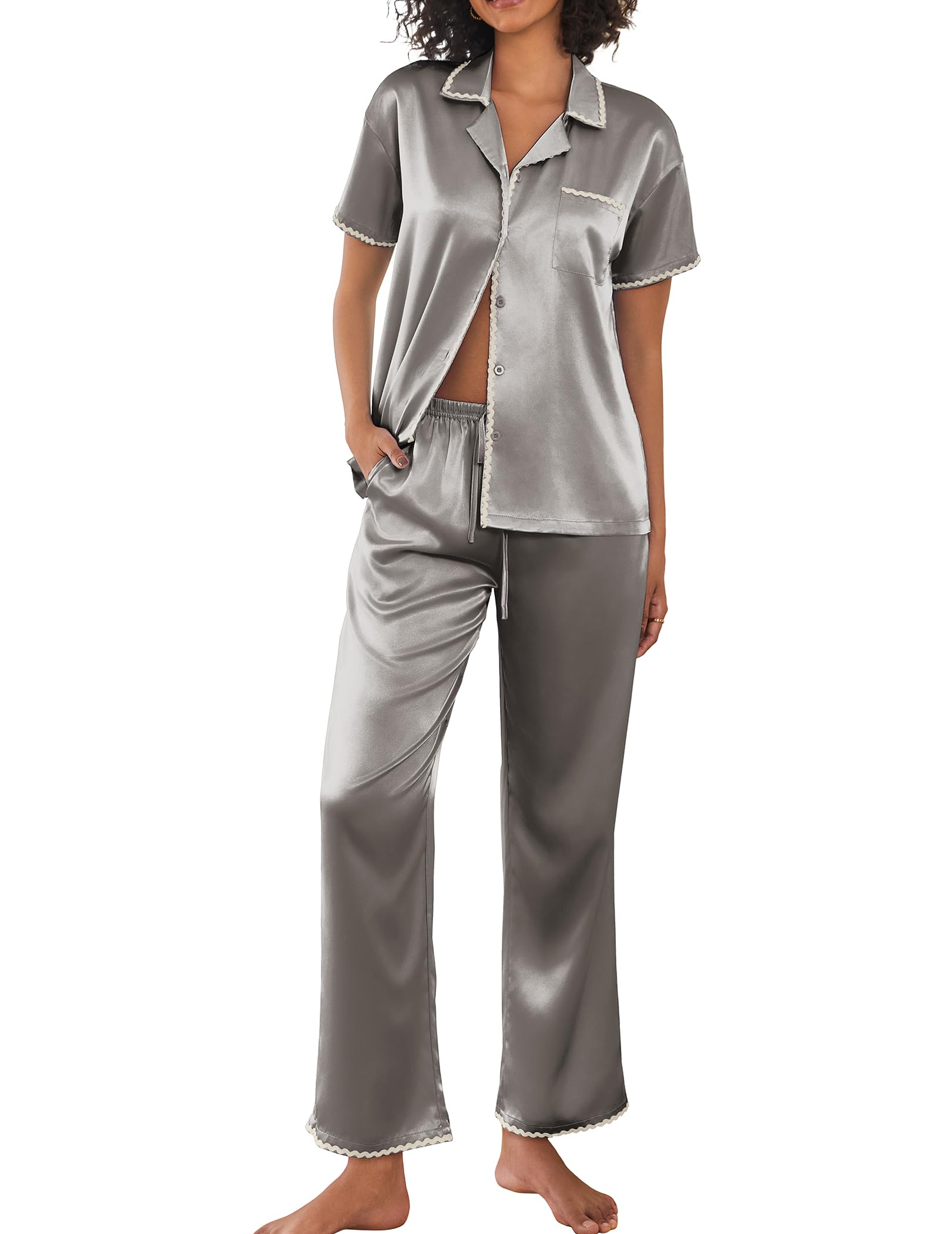 Ekouaer Silk Pajamas for Women Set Satin Two Piece Pjs Sets Ric Rac Trim Contrast Loungewear