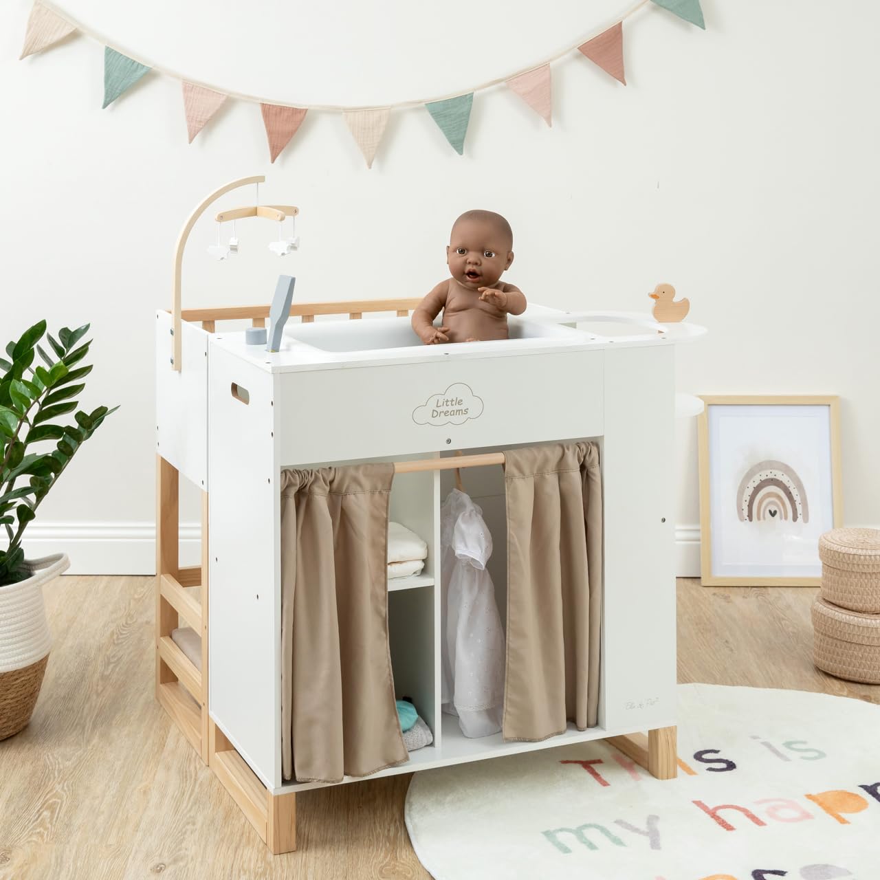 Ella & Piet® Großes Puppenpflegecenter Nursery 6in1 aus Holz (Weiß-Schlamm) Puppenbett Puppenschrank, Badewanne, Hochstuhl