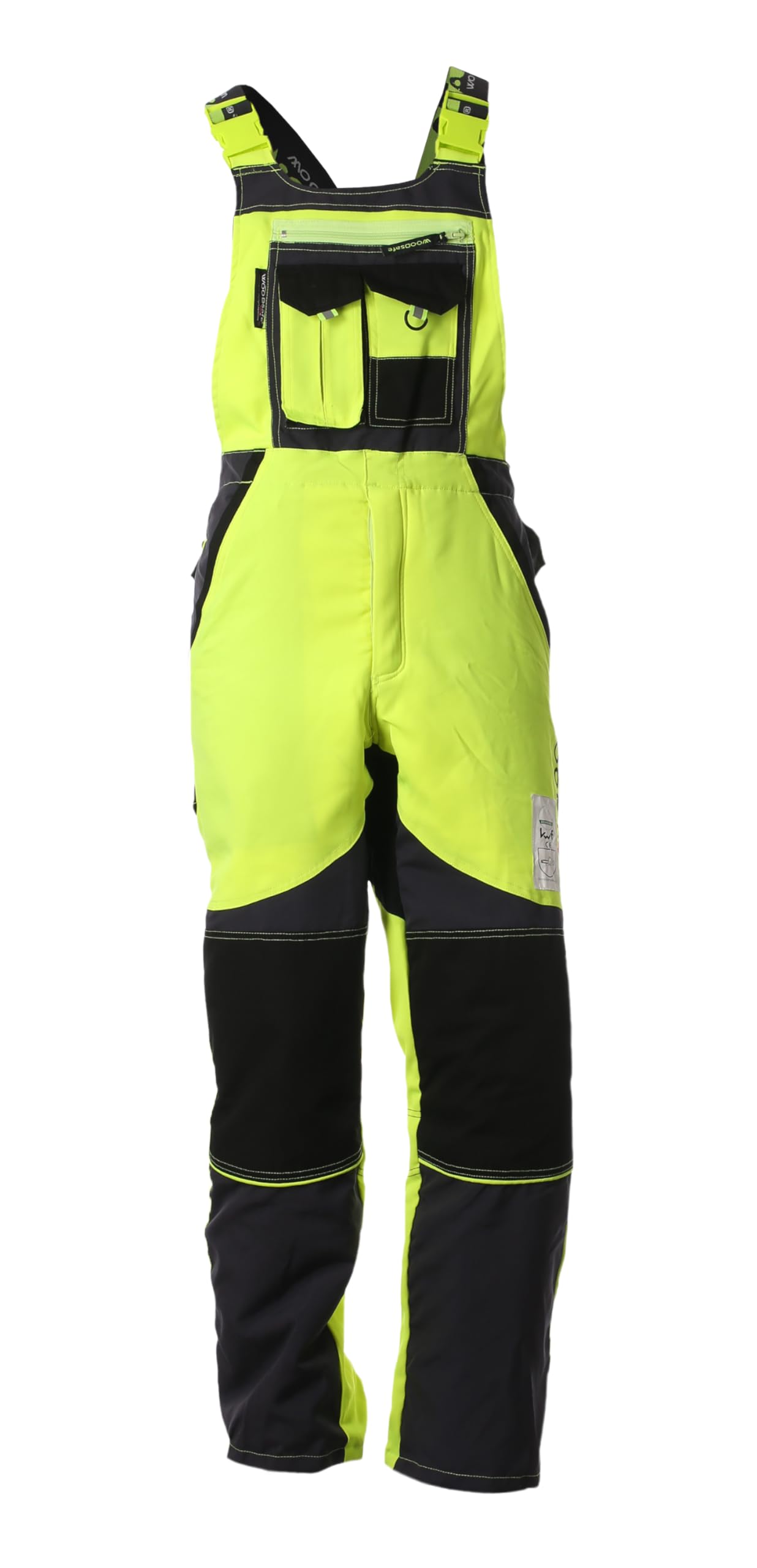 Schnittschutzhose Klasse 2, kwf-geprüfte Forsthose, Latzhose gelb/grau, Herren - Waldarbeiterhose (50)