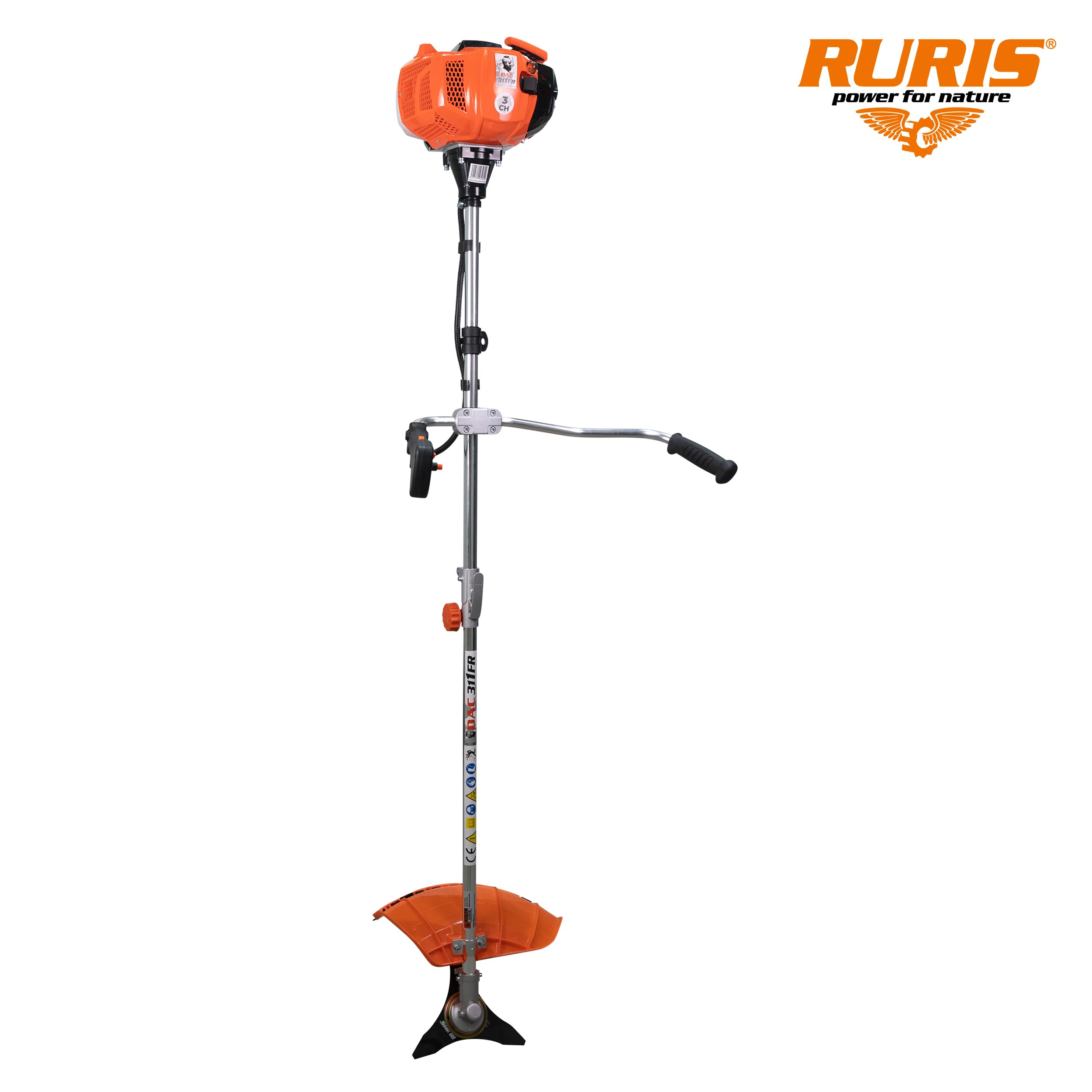 RURIS Termiczna kosiarka spalinowa DAC 311fr TEZ 52 cm³, 3 KM, 2-suwowa, szerokość 250 mm, zestaw w zestawie z uprzężą, 2 x tarczą, głowicą i drutem tnącym - do ogrodu i krawędzi