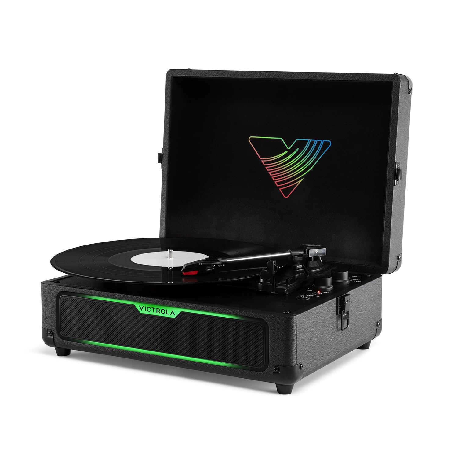 Journey Glow – Platine Vinyle Valise Portable Bluetooth avec Haut-parleurs stéréo et Basses renforcées – 18 Effets Lumineux LED RGB et Modes de Pulsation Musicale (Noir)