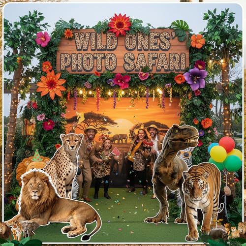 Image of Qunclay 4 Pack Jungle Animals Cardboard Cutout Safari Party Decoration Life Size Dinosaur Lion Tiger Leopard Photo Booth Prop Stand up Display Party Decor for Zoo Wildlife Birthday