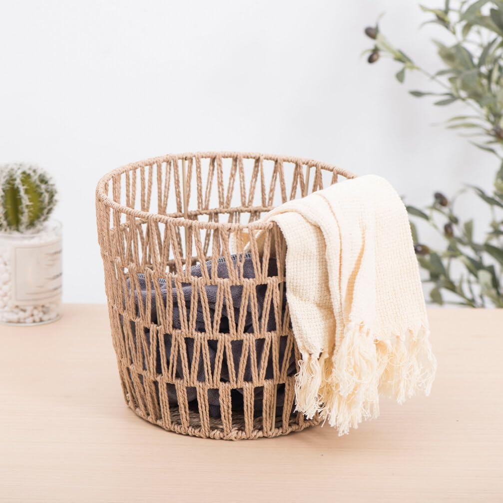 Amosfun Large Woven Blanket Baskets Round Wicker Rattan Floor Desk Storage Baskets Boho Rattan Laundry Baskets Decorative Wicker Baskets for Pillow Blanket Clothes Trash Can