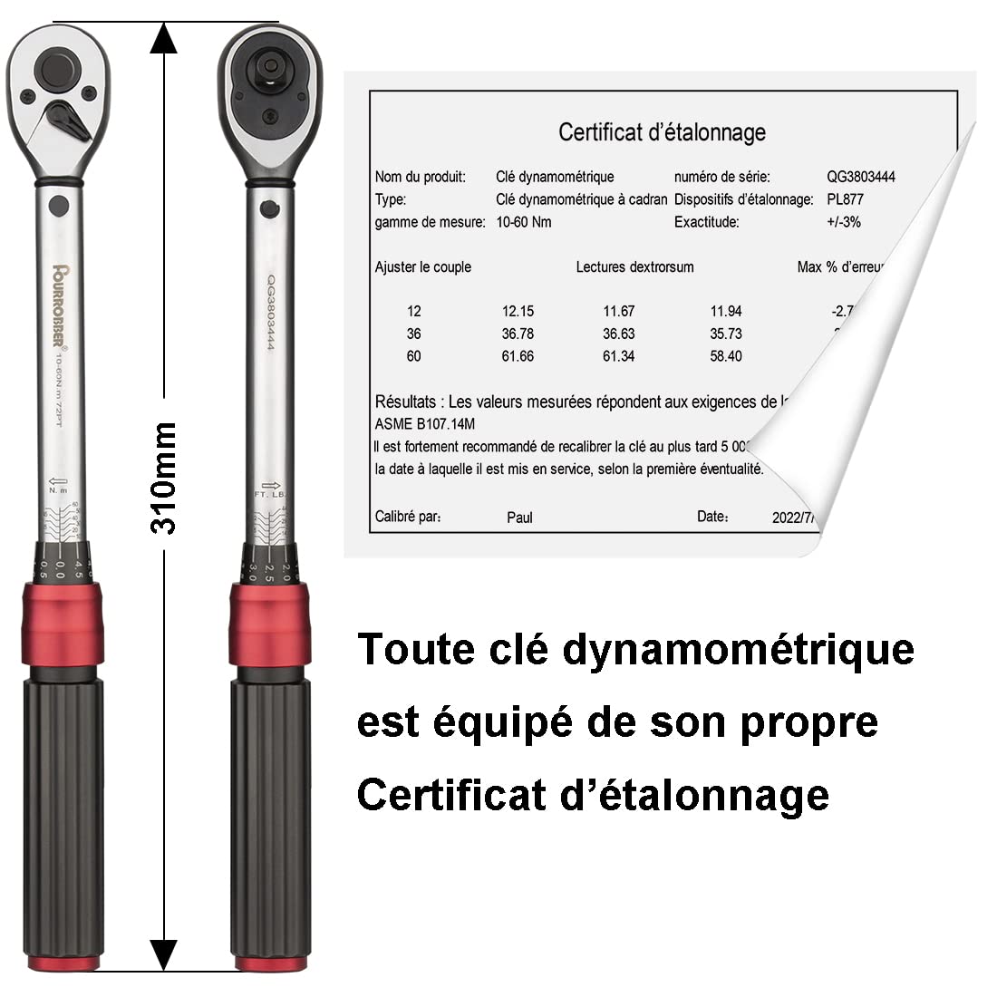 Clé Dynamométrique 3/8'' Réglable à 72 Dents (10-60 Nm) - Kit d'Entretien pour Vélos avec 2 Adaptateurs (1/4'' et 1/2'') - Précision ±3%