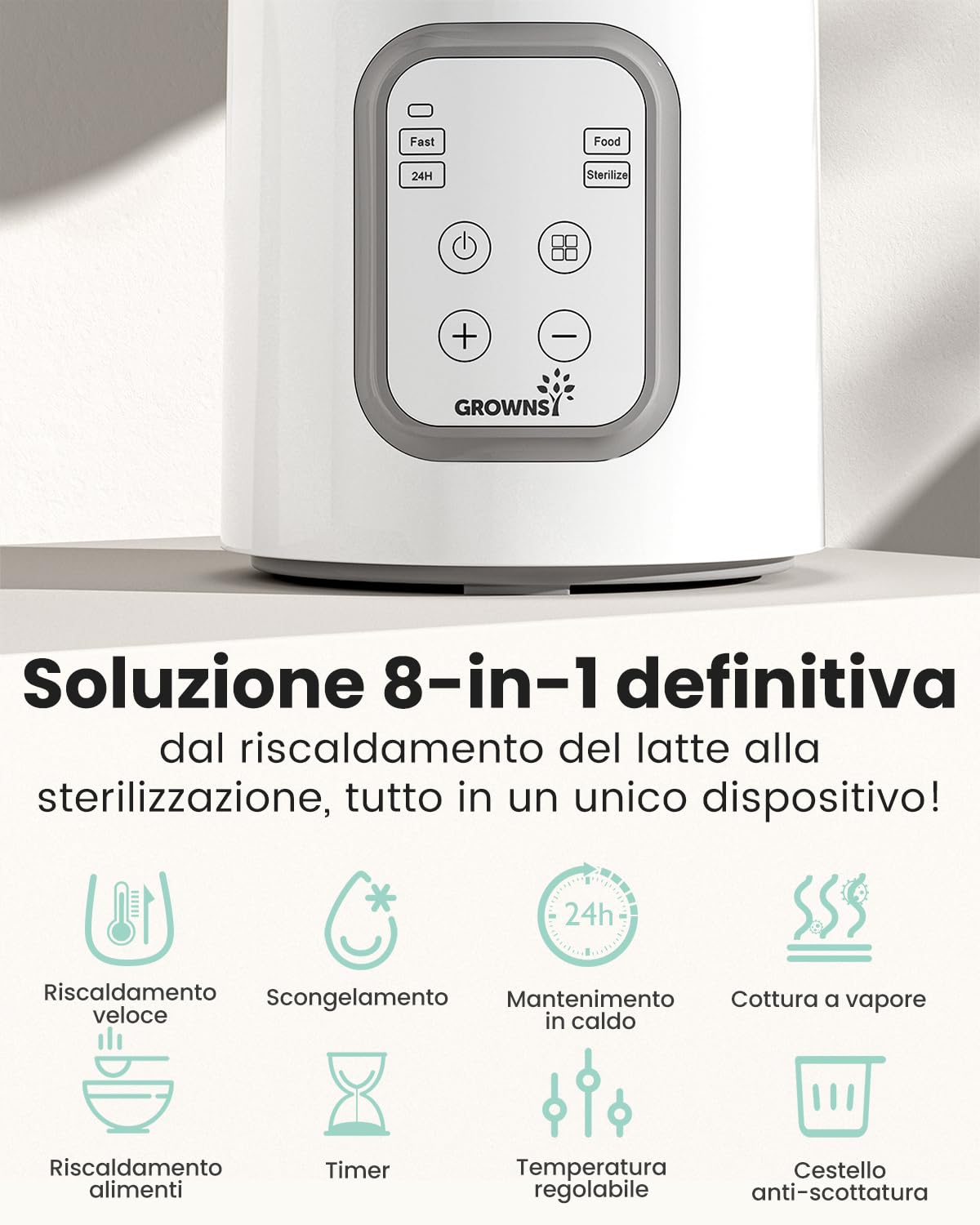Scaldabiberon, Scaldalatte rapido per bambini GROWNSY 8 in 1 con timer per latte materno o artificiale, controllo accurato della temperatura, con funzione di scongelamento, sterilizzazione