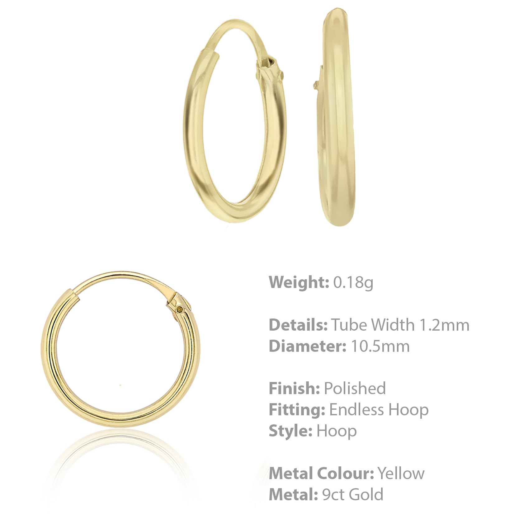 Carissima Pendientes de aro para niña en oro amarillo de 9 quilates de diámetro 10.5mm y ancho de aro 1.2mm