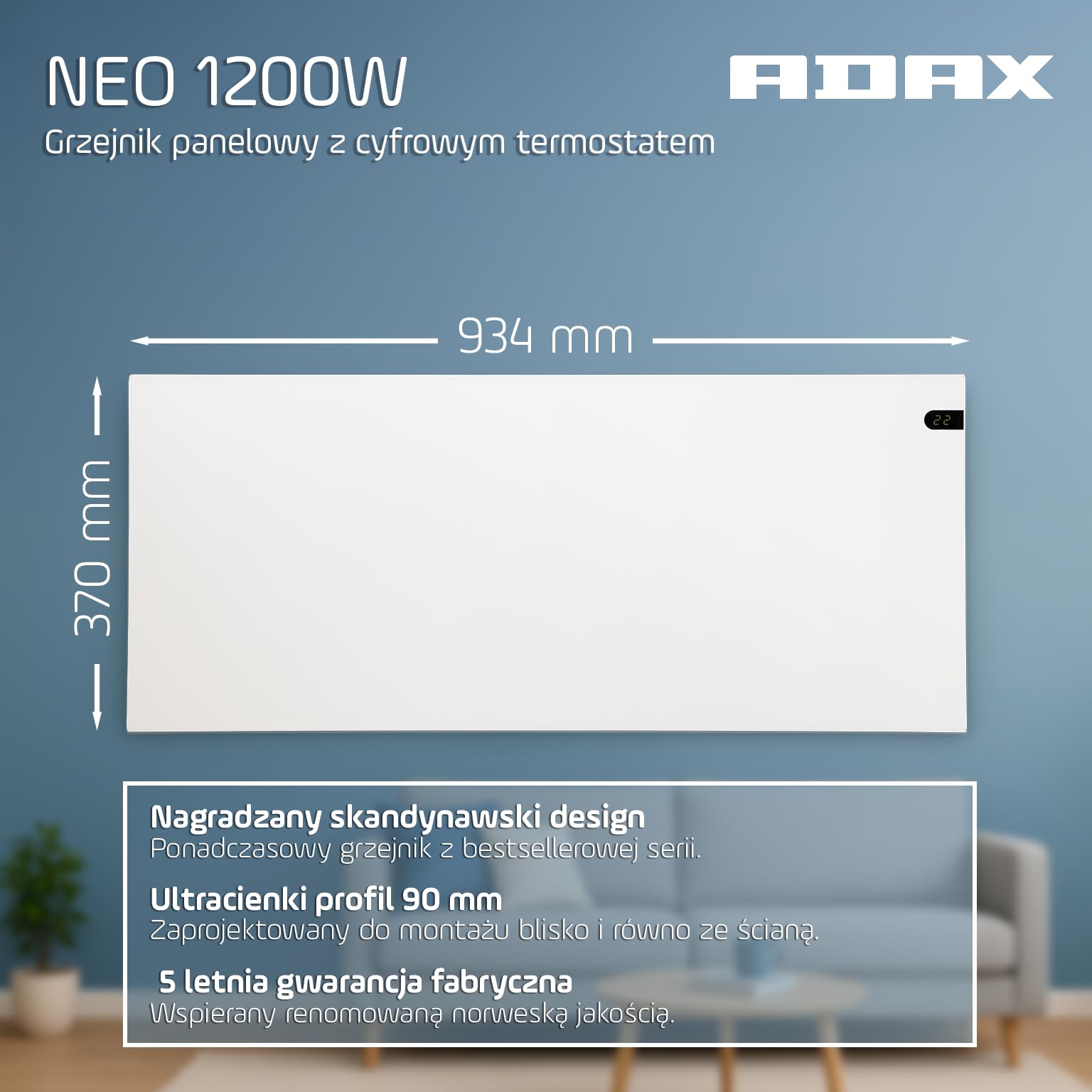 Adax Neo NP - konwektor, nowoczesne ogrzewanie elektryczne, 1200W, niska wysoko˜‡ 370mm | KDT Biaˆy | ochrona przed zamarzaniem | IP20C