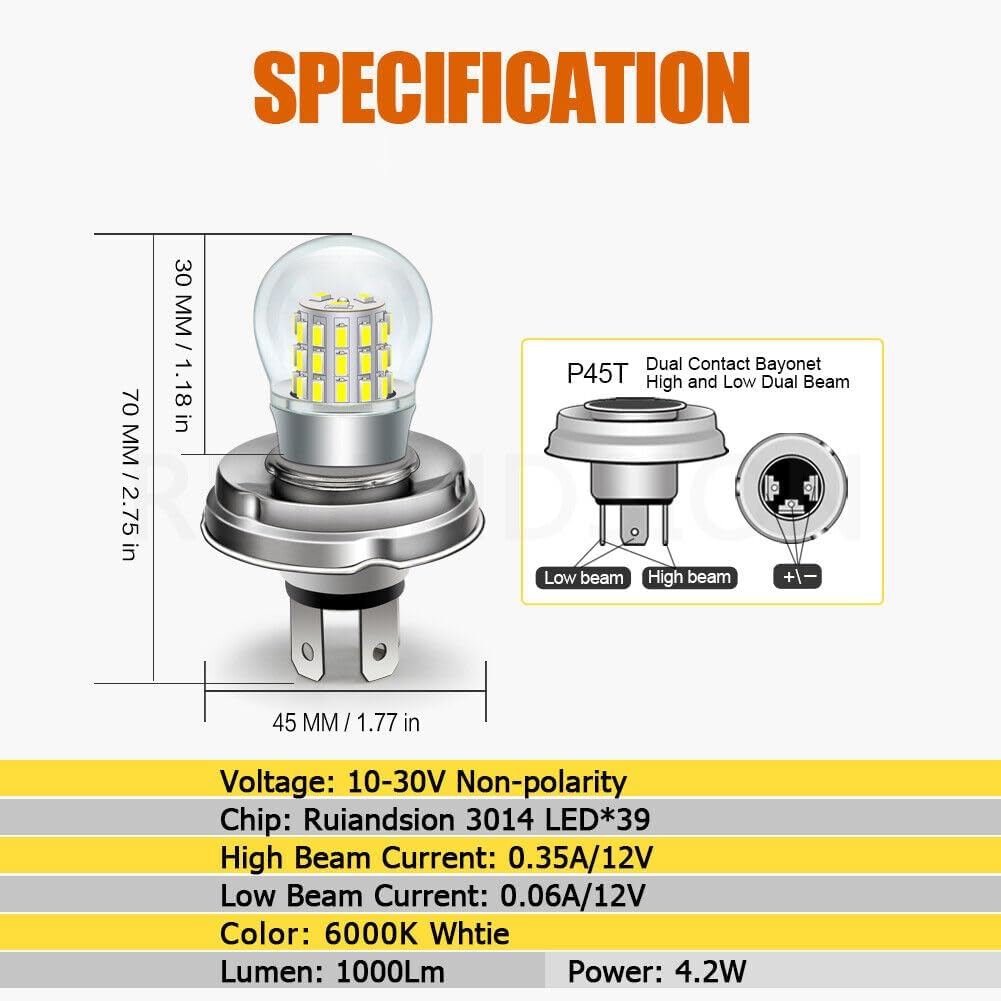 Ruiandsion P45T H5 R2 LED Motorcycle Bulb White 10-30V Non Polarity Super Bright 3014 39SMD 800LM Built in Driver for Auto Moto Front Bulb Pack of 2