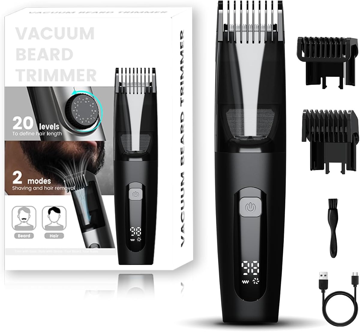 Beard Trimmer for Men, 40 Length Adjustable Blade Wheel, Stainless Steel Blade for Precision Facial Hair Trimming, Waterproof Wet/Dry Beard Trimmer, LCD Display, Powerful Suction