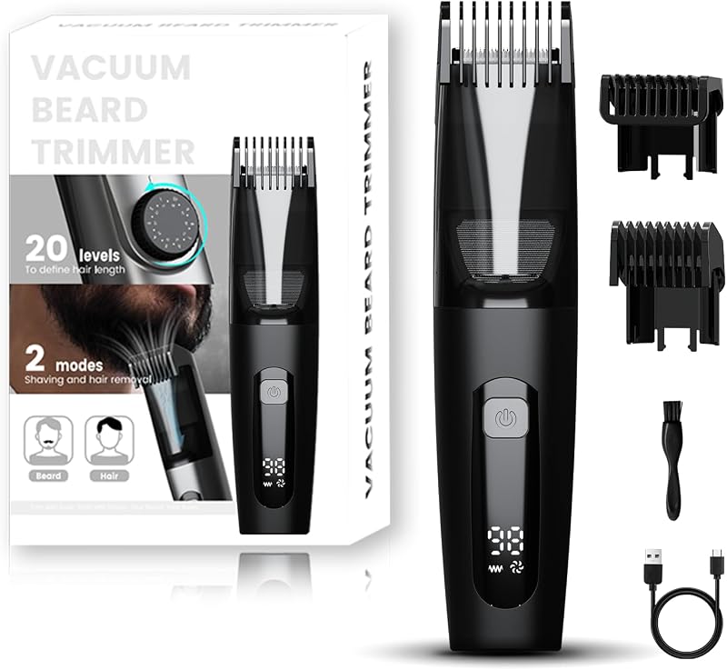 Beard Trimmer for Men, 40 Length Adjustable Blade Wheel, Stainless Steel Blade for Precision Facial Hair Trimming, Waterproof Wet/Dry Beard Trimmer, LCD Display, Powerful Suction