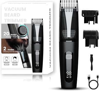 Vacuum Beard Trimmer for Men, No Mess Trimming, 40 Adjustable Lengths Dial, Smooth Ceramic Blade for Sensitive Skin, Waterproof Wet/Dry, LED Display, USB-C Grooming Kit-Matte Black