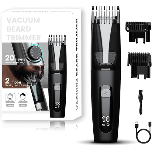 Beard Trimmer for Men, 40 Length Adjustable Blade Wheel, Stainless Steel Blade for Precision Facial Hair Trimming, Waterproof Wet/Dry Beard Trimmer, LCD Display, Powerful Suction