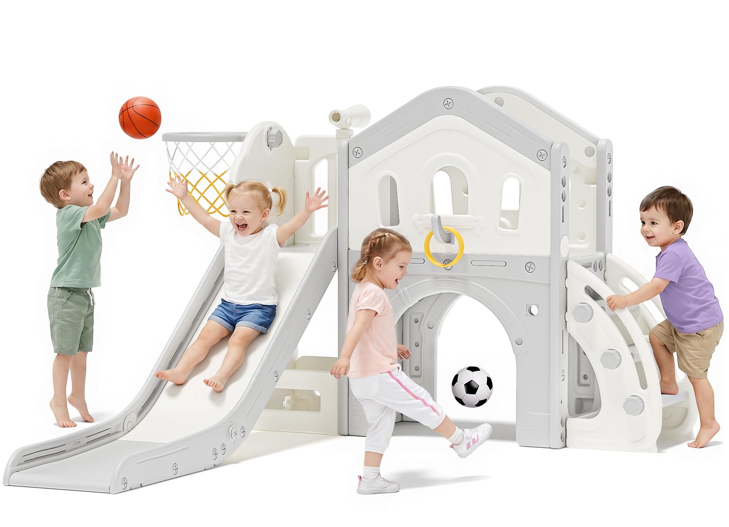 9 in 1 Toddler Slide for Toddlers 1-3 Outdoor Indoor Playset White | 9 in 1 Baby Slide for Toddlers 1-3, Foldable Freestanding Kids Slide with Basketball Hoop, Telescope Toy and Anti-Slip Pads