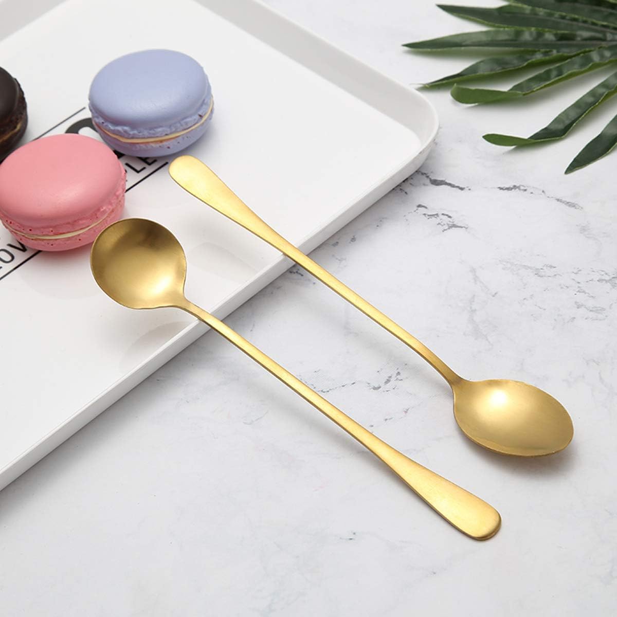 6 Pcs Coffee Spoons Stainless Steel Tea Spoon Round Dessert Spoon Long Handle Spoons for Hot Chocolate Ice Tea Latte Dessert Espresso Golden