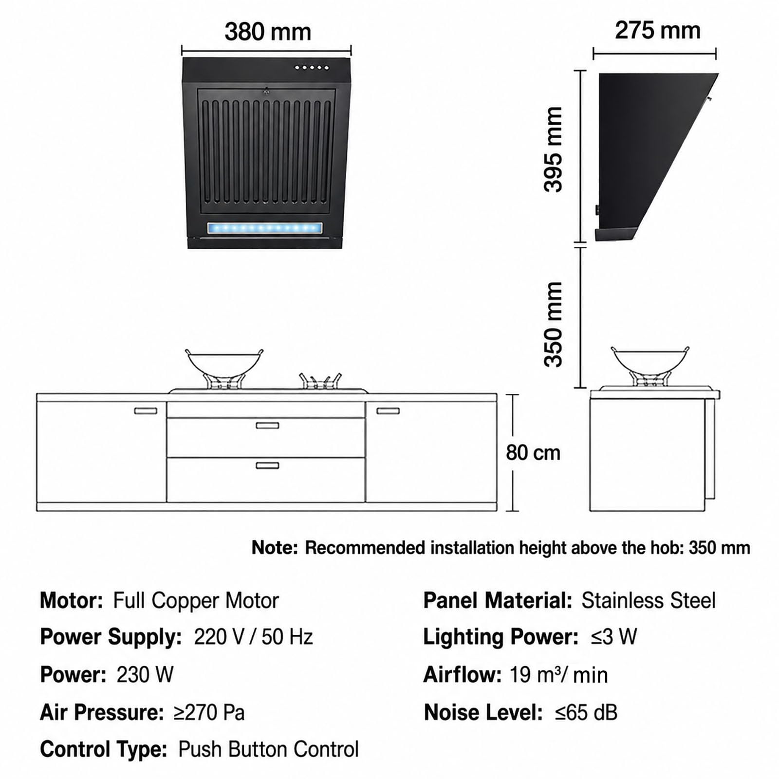 Cappa Aspirante Compatta Inclinata, Doppio Filtro, Luce LED E Spegnimento Ritardato B380 MM