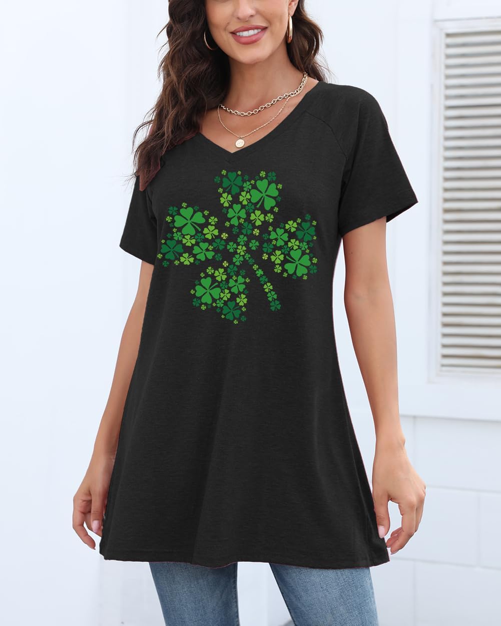 KKG Tops Tunics for Women to Wear with Leggings, Casual Loose Fit V Neck Short/Long Sleeves T Shirt - Image 3