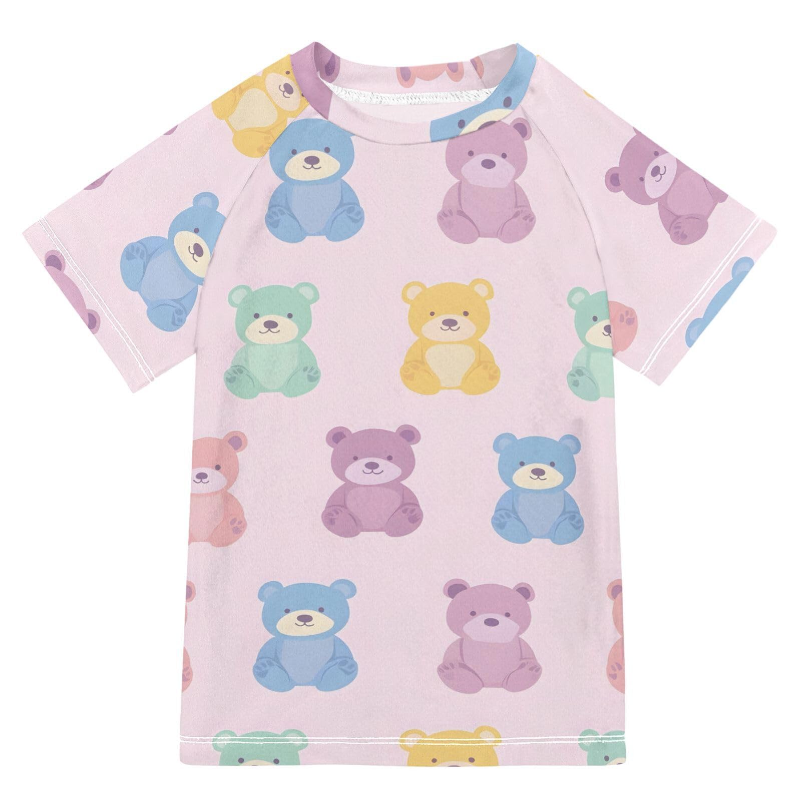ALAZA Boys Swim Shirts Toddler Rash Guard Short Sleeve Rashguard Corolful Bear Pink UPF 50+ 11-12T