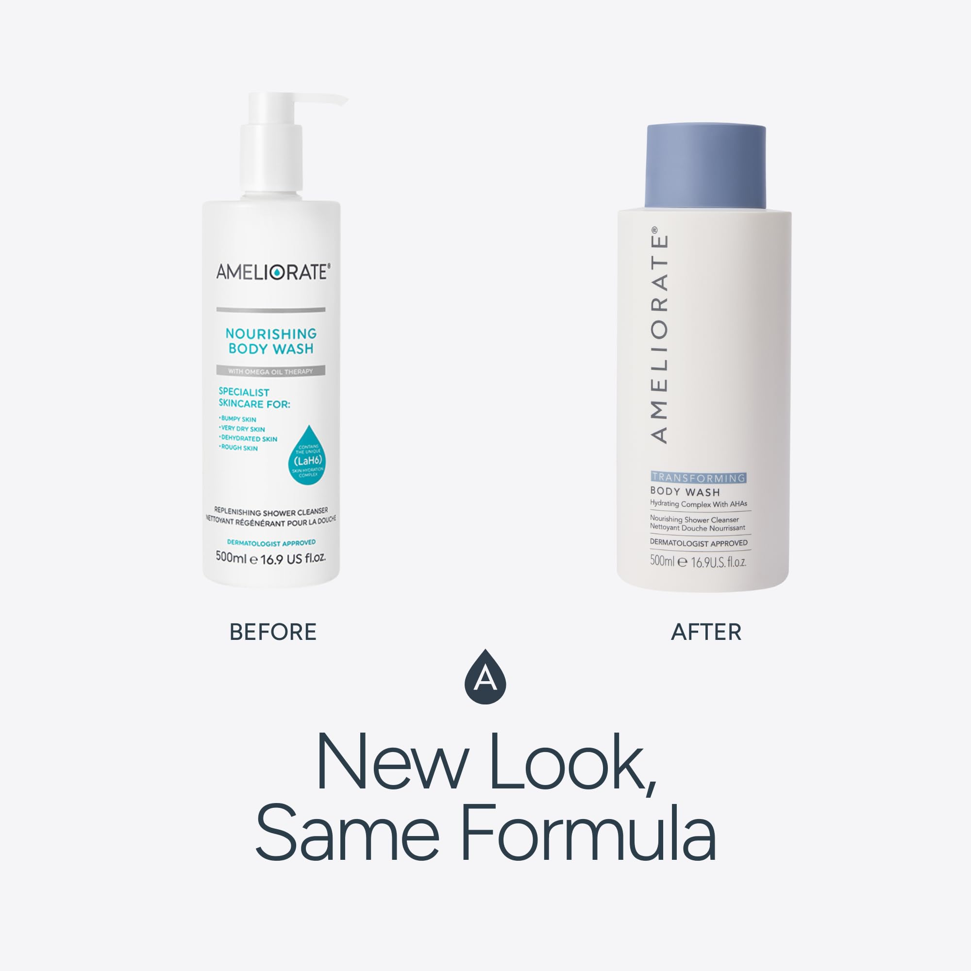 AMELIORATE Transforming Body Wash 500ml for Keratosis Pilaris (KP), Rough & Dry Skin | Hydrating Soap-Free Cleanser with Omega Oils | Dermatologist Approved & Pregnancy Safe