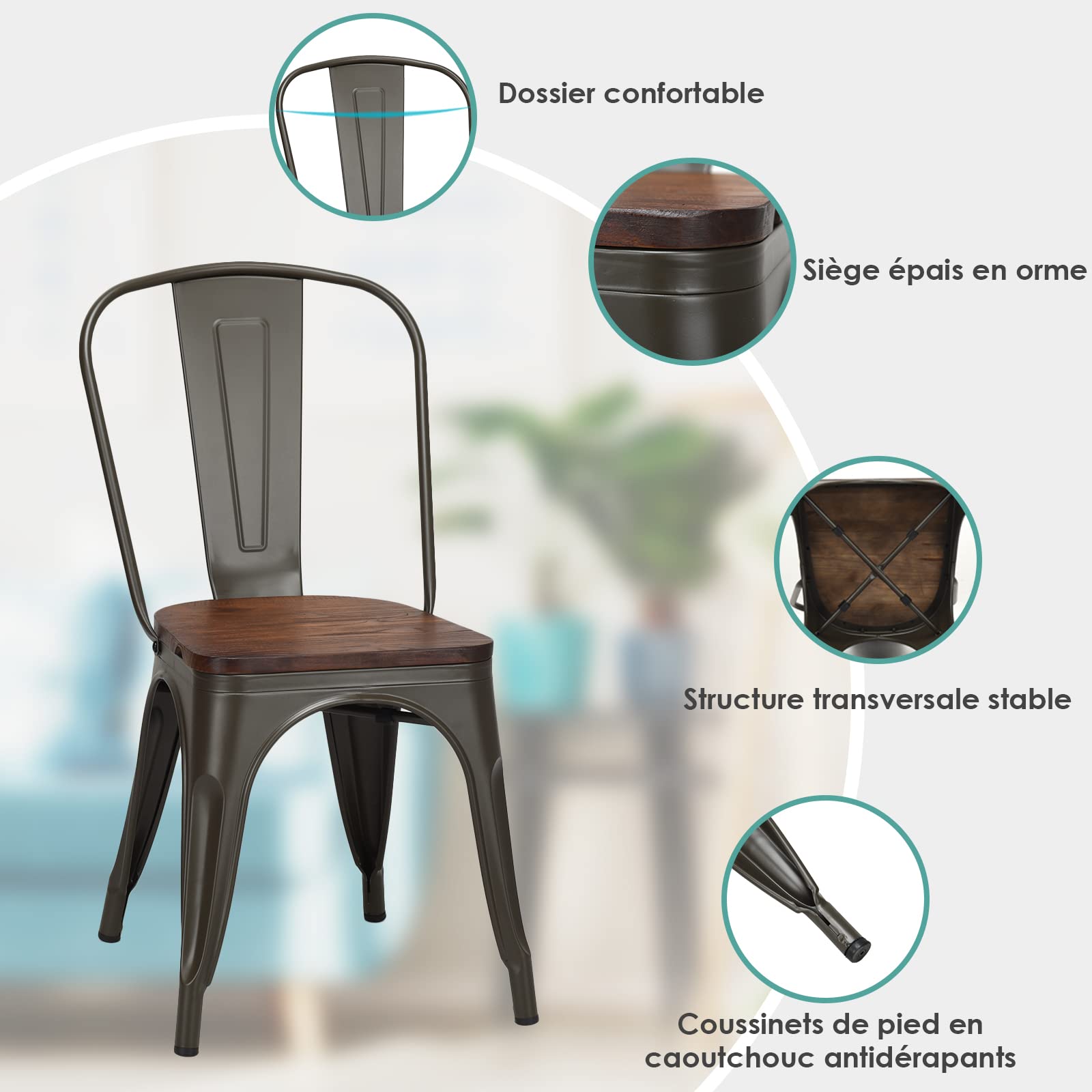 GOPLUS Lot de 4 Chaises en Métal Salle à Manger, Chaises avec Assise de Style Industriel, Vintage en Bois Massif, Tabouret Empilable avec Dossier pour Jardin Balcon (Vintage)