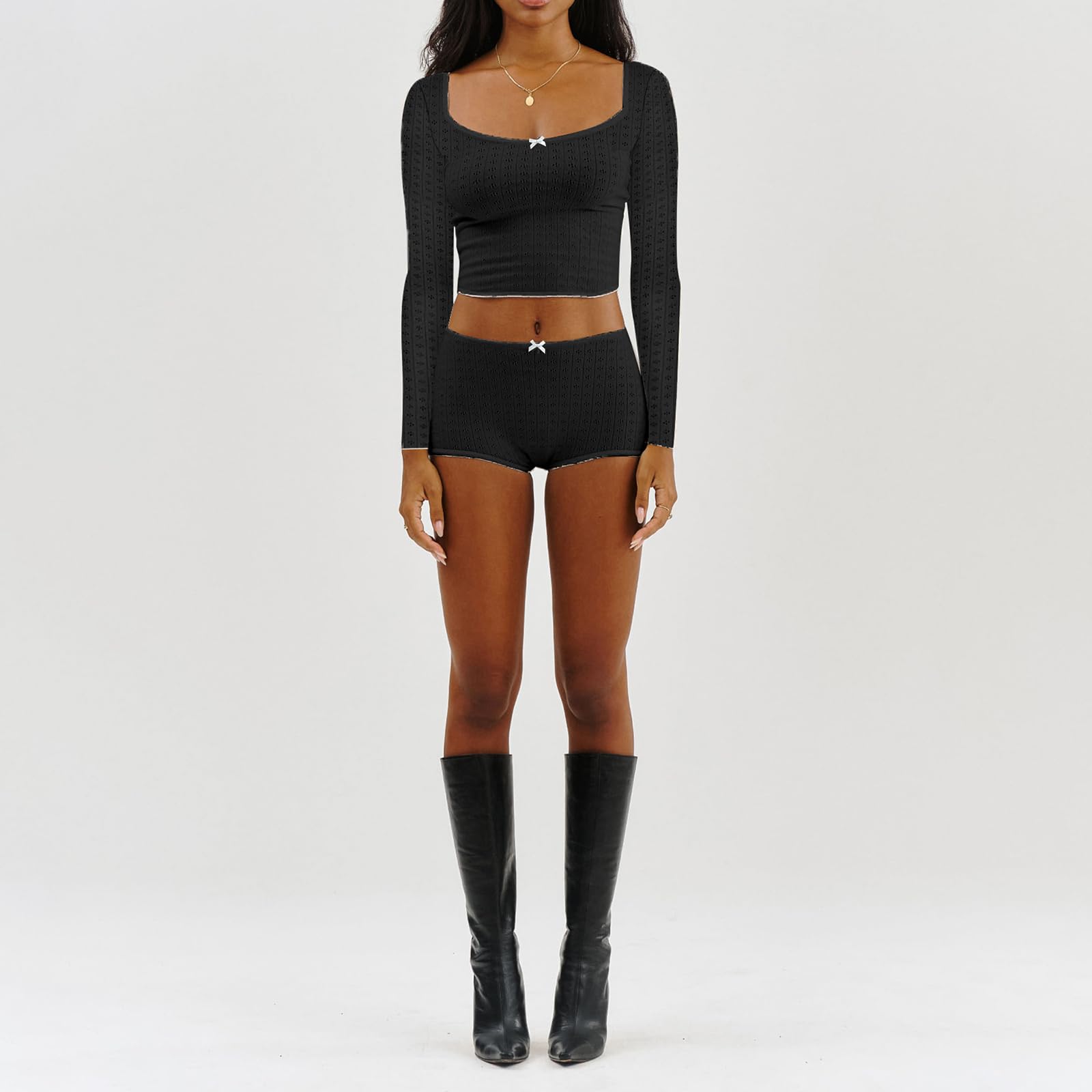 Multitrust Women Two Piece Lounge Set Long Sleeve Crop Tops and High Waist Shorts Ribbed Matching Pajamas Sets Loungewear: Medium Z Black