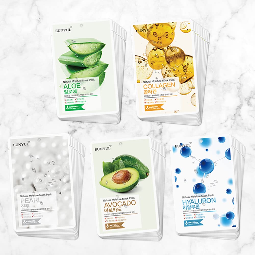 Eunyul Maschera in tessuto naturale Confezione da 5 tipi Maschera per il viso per la cura della pelle coreana Aloe, collagene, perla, ialurone, maschera il viso in fogli di avocado, confezione da 50