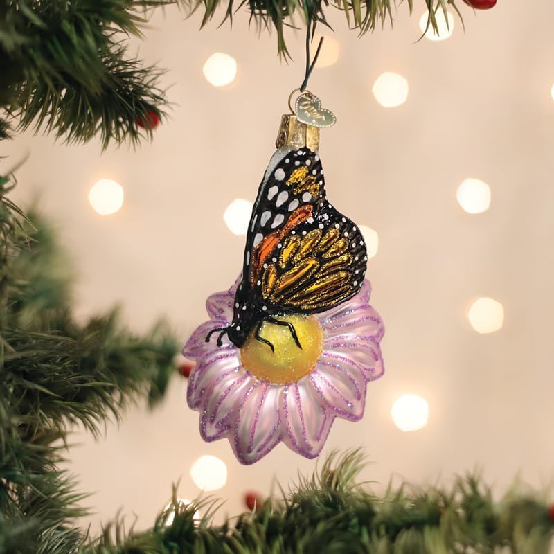 Old World Christmas Monarch Butterfly On Flower Glass Blown Ornament for Christmas Tree, Handcrafted Holiday Decoration, Insect Collection