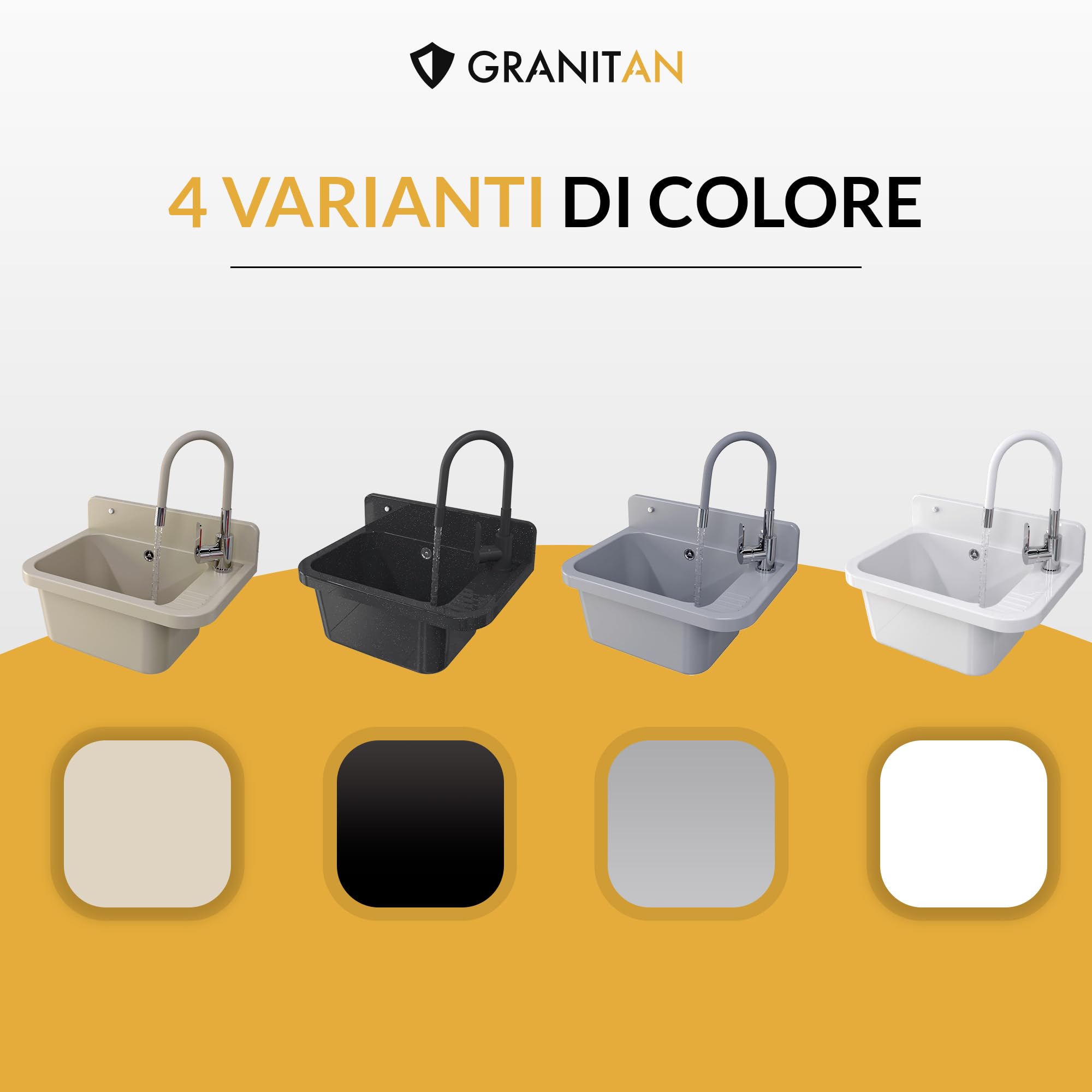 GRANITAN Lavandino da Esterno Moderno per Garage e Lavanderia - Lavatoio per Installazione Interna ed Esterna - Pilozzo da Esterno Giardino - 50x34x31 cm - (Grigio + Rubinetto del Lavello FLEX)