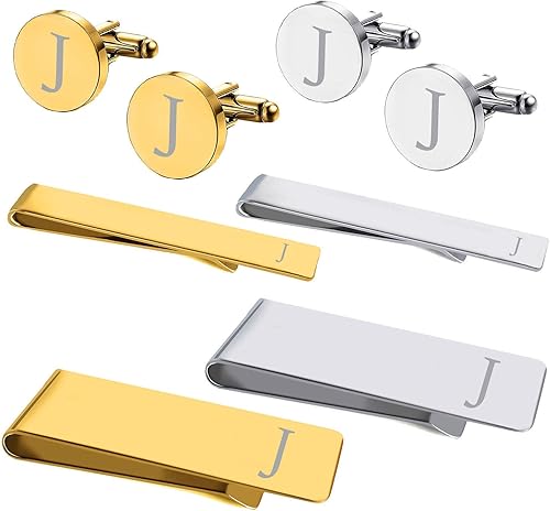 BodyJ4You Juego de 8 gemelos con barra de corbata, clip de dinero, camisa con botón de iniciales personalizadas, letra J