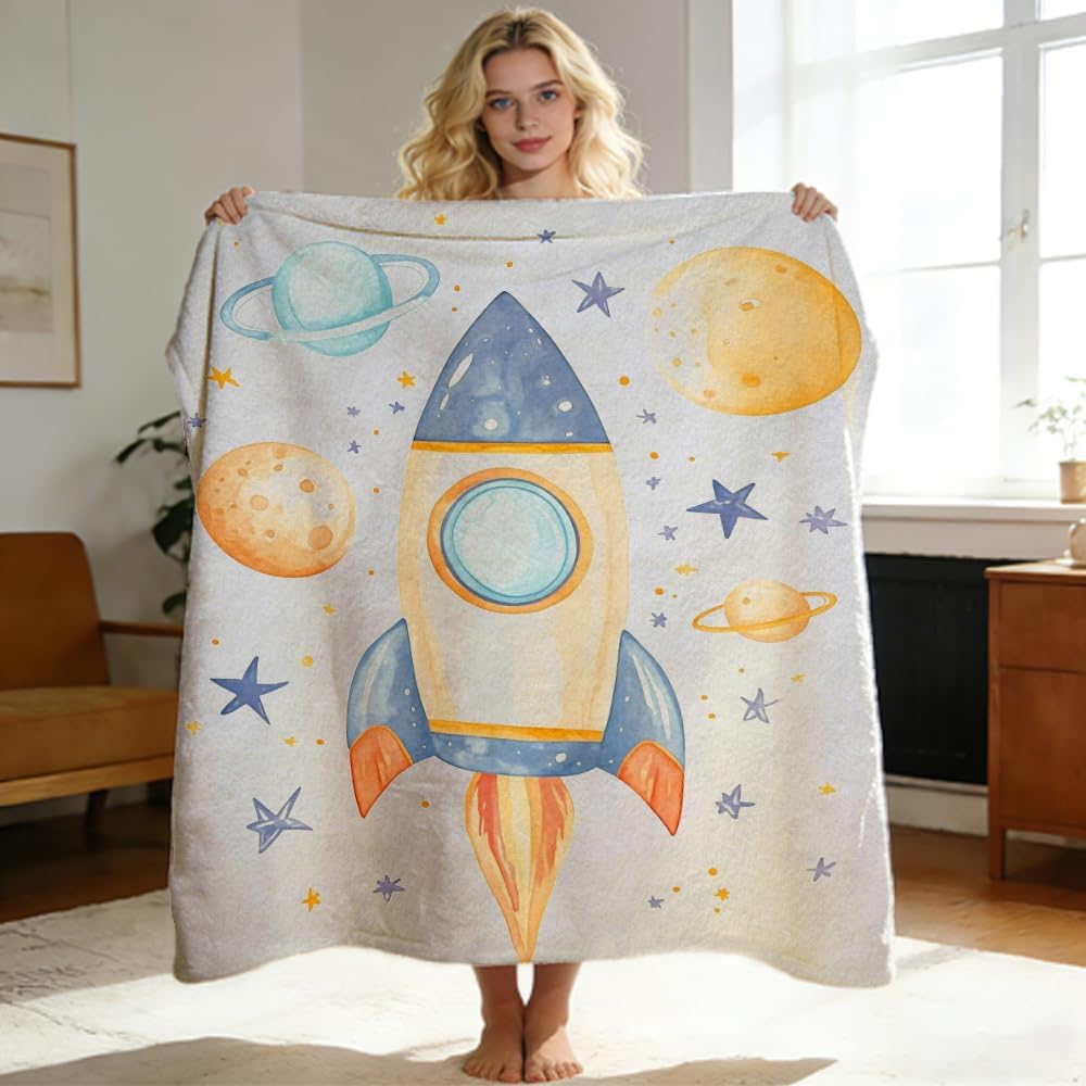 Rocket Ship Flannel Throw Watercolor Space Print Blanket Starry Sky Blanket Throw Blue Nursery Plush Throws Planet Inspiring Decor for Children Kids Boy's Bed 49"x59"