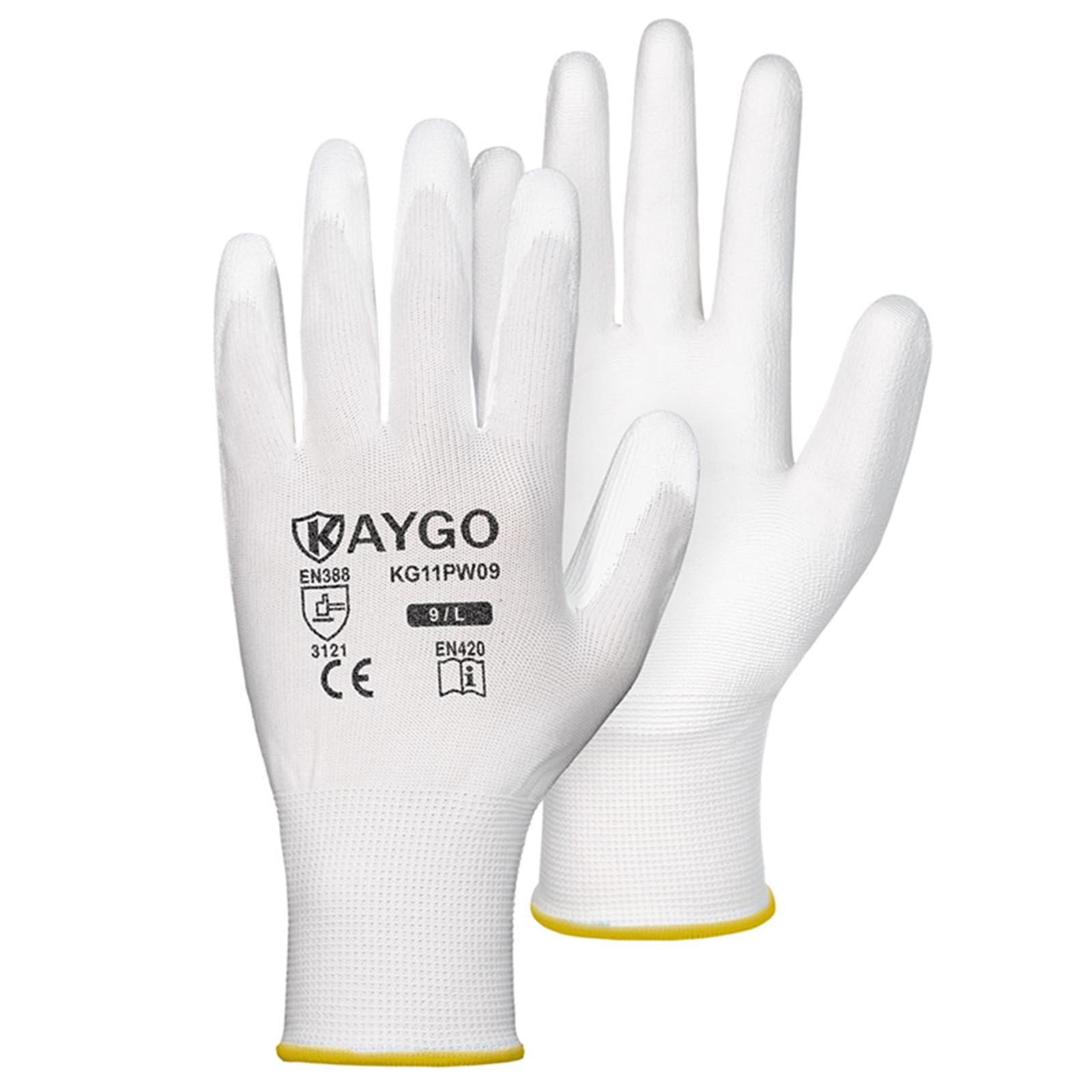 Safety Work Gloves PU Coated-60 Pairs, AYGO KG11PB,White,Large