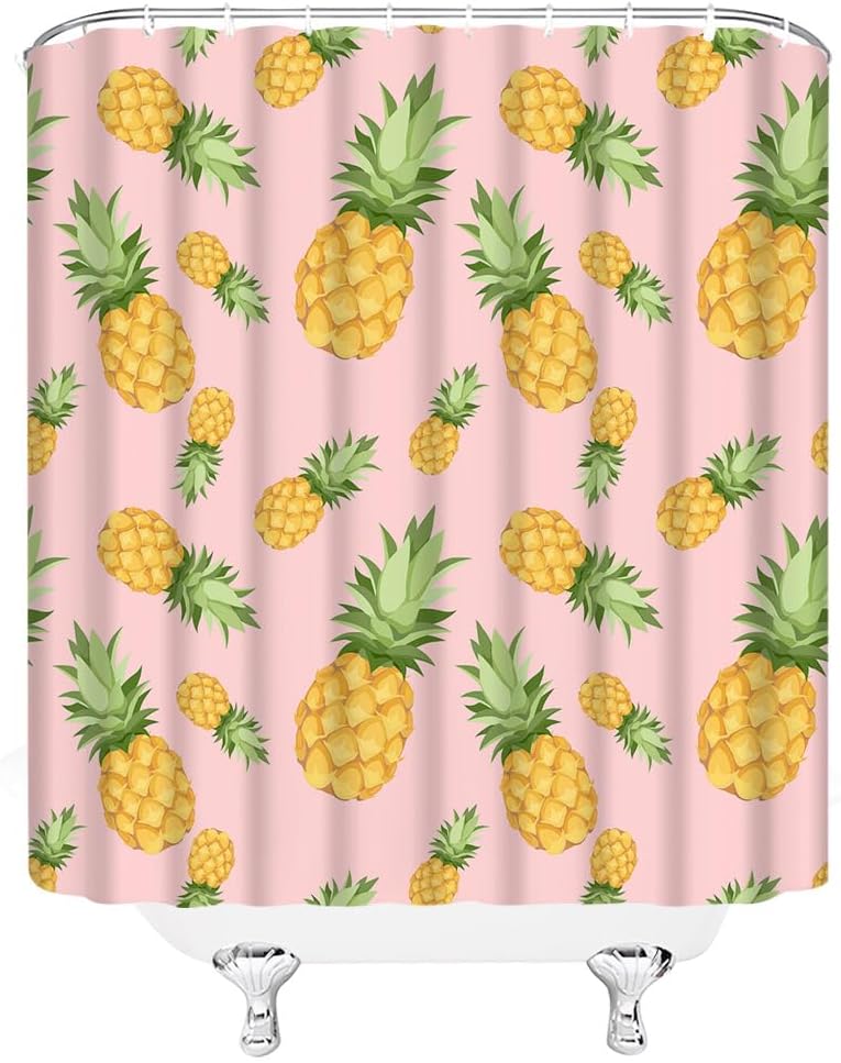 Watercolor Pineapple Shower Curtain Tropical Fruit Green Yellow White Bright Home Fabric Bathroom Curtains Decor Set with Hooks,(78" Wx70 H)