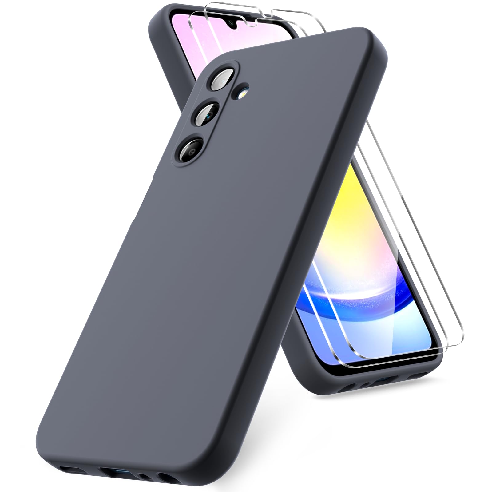 Vansdon Cover Compatibile con Samsung Galaxy A25 5G, 2 Pellicola Protettiva in Vetro Temperato, Gomma Gel di Silicone Liquida Antiurto Custodia - Grigio Scuro