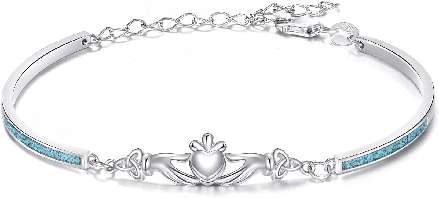 Bangle Bracelet 925 Sterling Silver Tree of Life/Mustard Seed/Compass/Sunflower/Mountain/Claddagh Turquoise Bangle Bracelet Celtic Jewelry Gift for Women